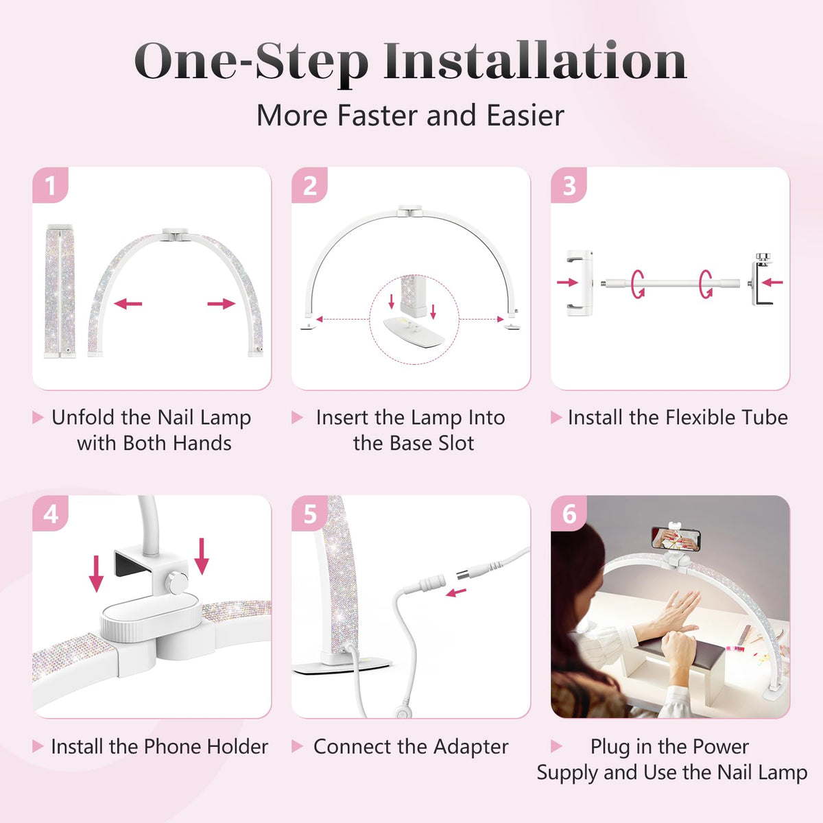 Yokilly Half Moon Nail Desk Lamp - 23in Foldable with Phone Holder, 3 Color Modes, 10 Brightness Levels, Small, Crystal Diamond