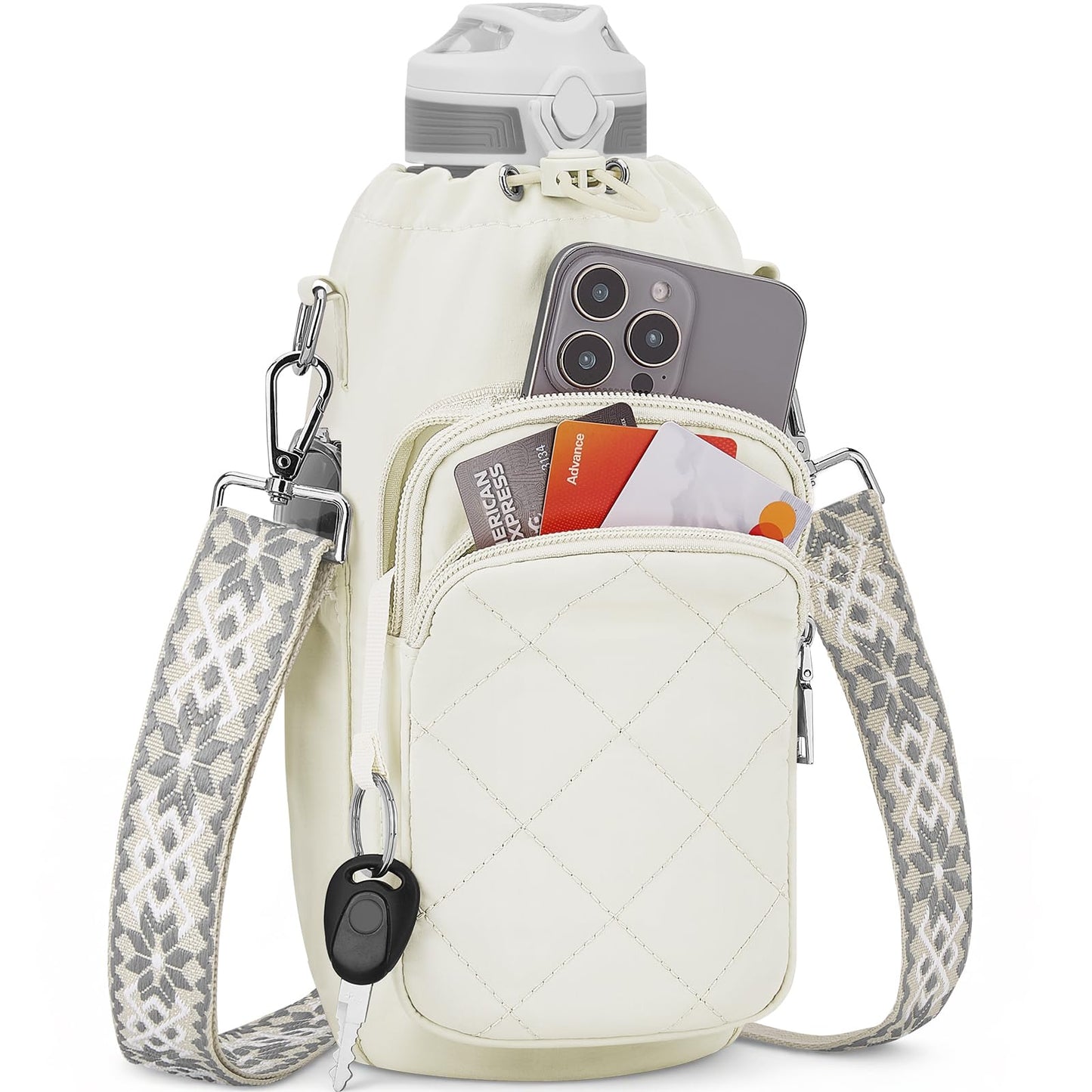 SYTRAH Water Bottle Bag Crossbody,Insulated Water Bottle Purse Crossbody Water Bottle Holder with Strap 40 oz, Sling Bag for Walking Hiking, White
