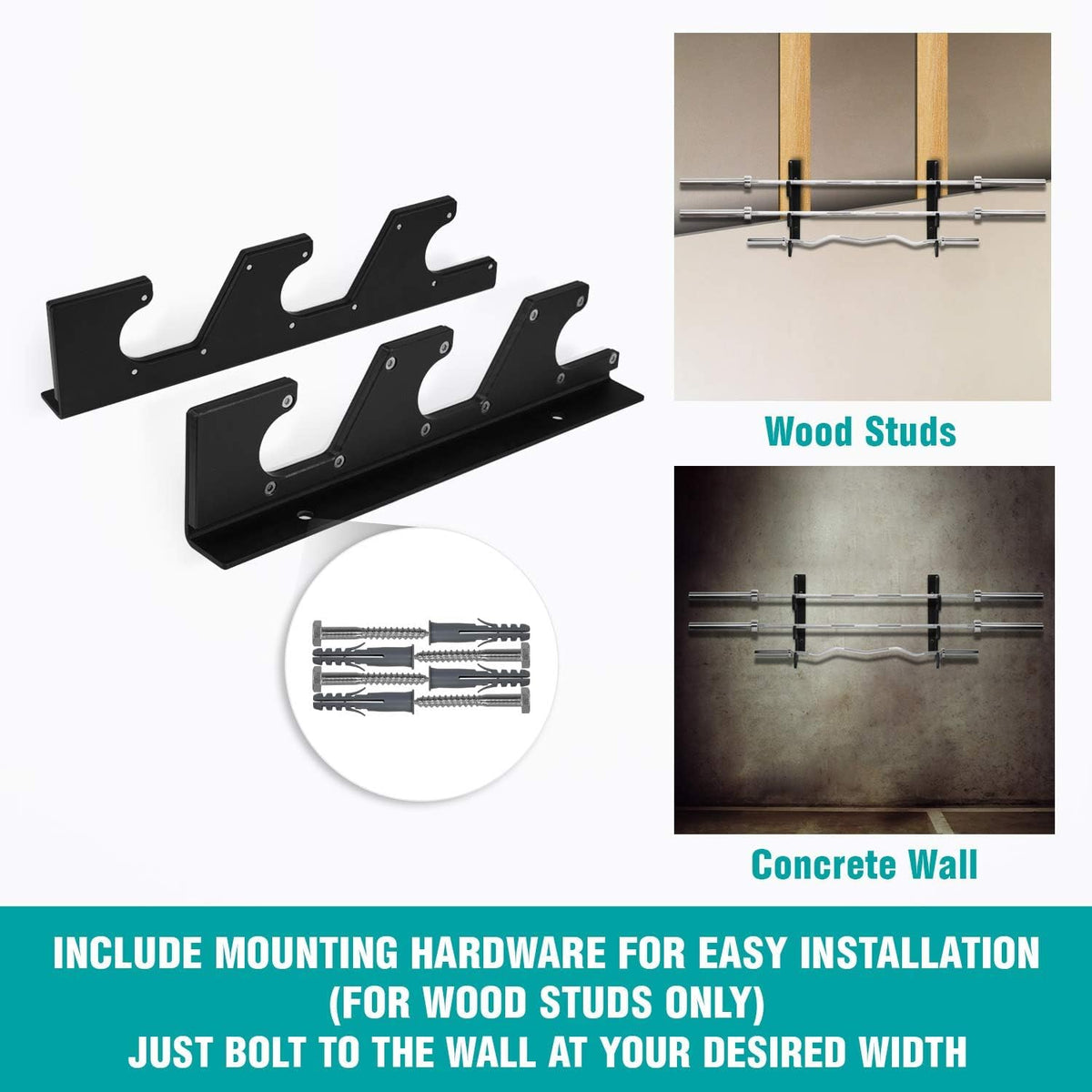 Yes4All Barbell Holder Horizontal Storage Rack for Home Gym Organizer, Barbell Storage Rack Fit 2-inch Olympic Bars, Curl Bars, Triceps Bars, Dumbbell Handles (1 pair)