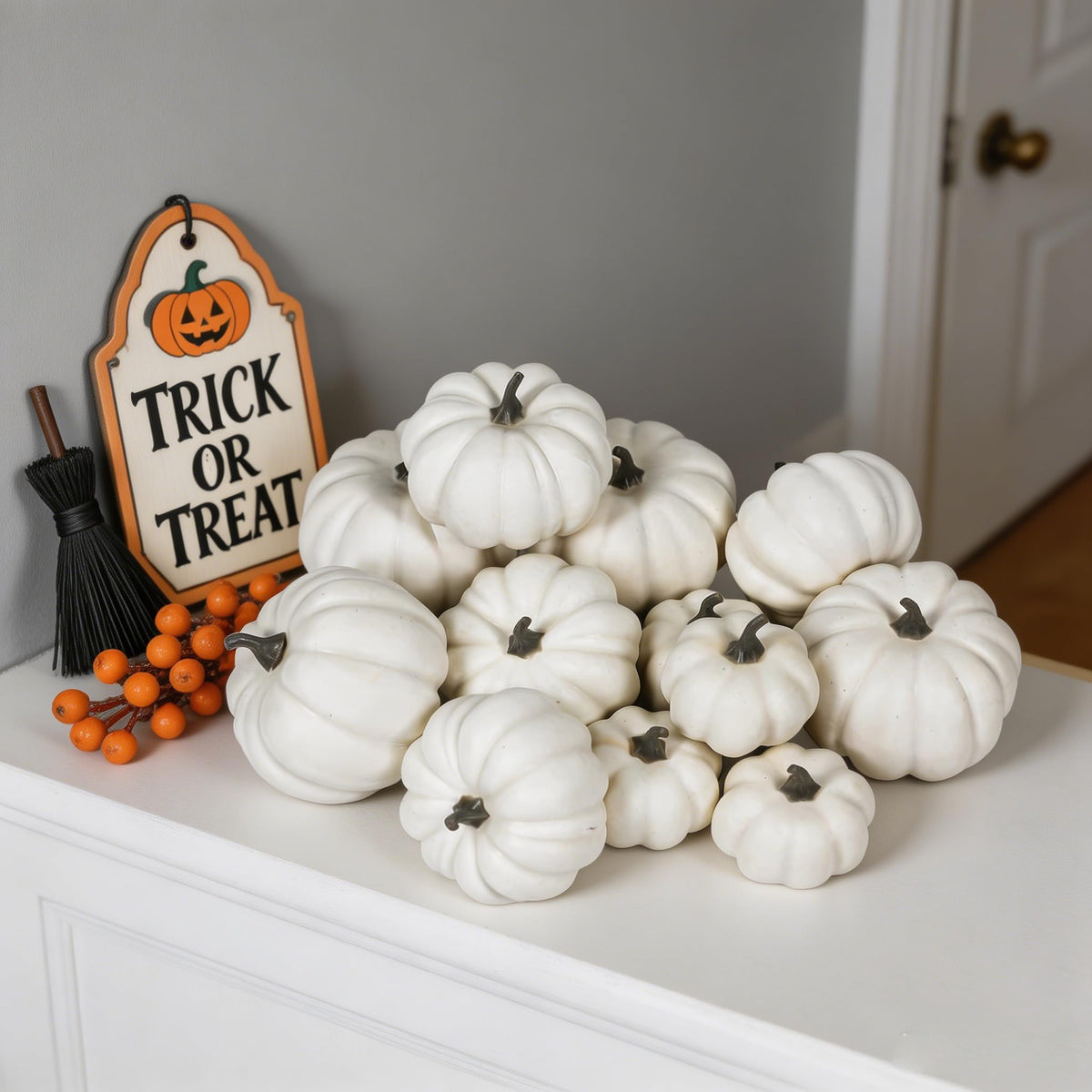 Orgrimmar 12PCS Realistic Artificial Pumpkins Lifelike Fake Pumpkins Table Fireplace Decor for Fall Harvest Wedding Halloween Thanksgiving (White, 12PCS)