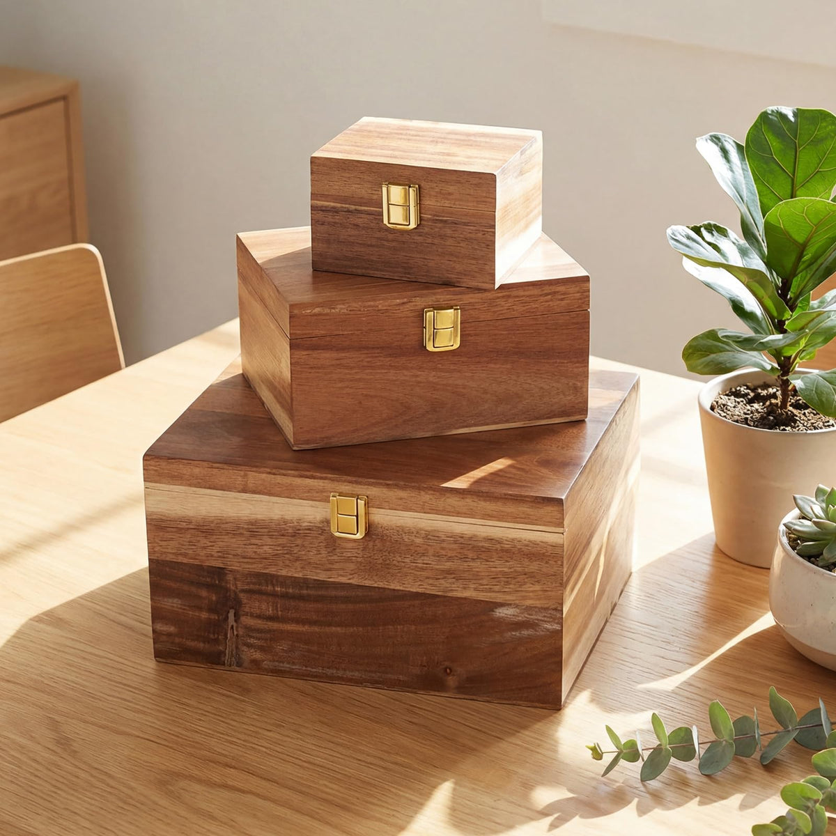 Novabright 3 Pack Wooden Keepsake Box, 3 Size Handmade Decorative Treasure Chest Box, Gift Ideas for Men & Women Jewelry Rings Storage(Brown,Acacia,Simple)