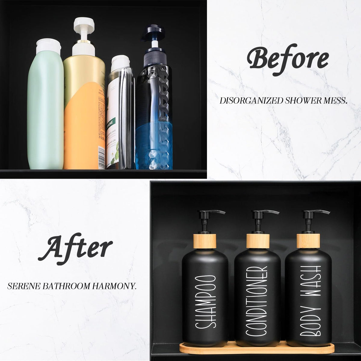 MOMEEMO Black Shower Soap Dispenser Set, Contains 3 Extra-Thick PET Plastic Bottles with Bamboo Pumps, Shampoo Bottles Refillable with Pump Perfect for Guest Room Must Haves. (Black)