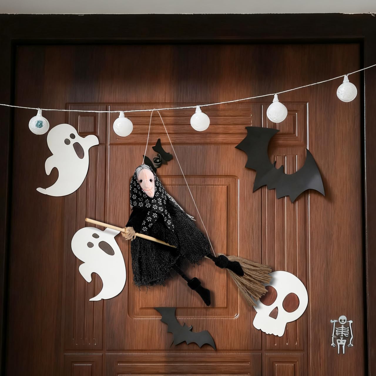 DIYEAH Halloween Witch Doll Decor with Broomstick for Indoor Outdoor Party Decoration, 9.44 Inch Grey Hanging Witch Figurine with Red Accents