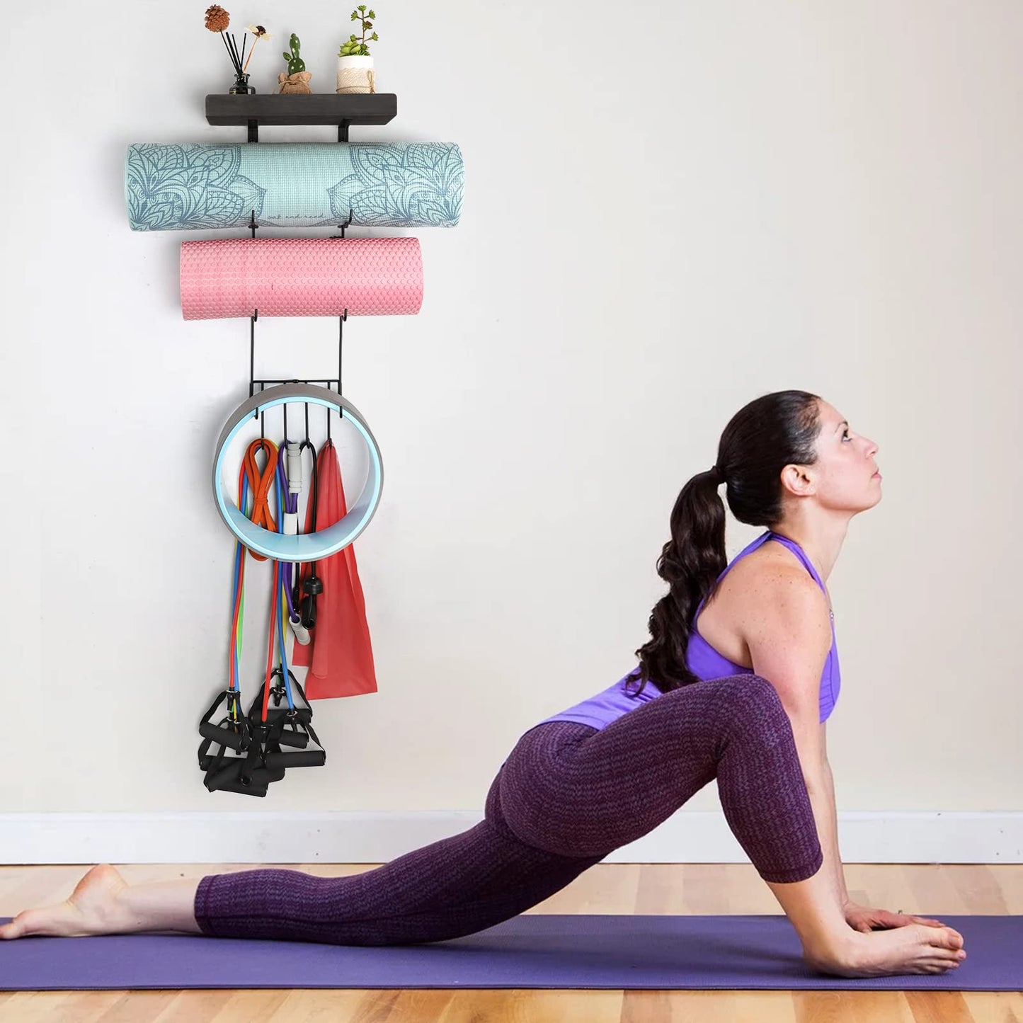 VINAEMO Yoga Mat Holder Accessories Wall Mount Organizer Storage Decor Foam Roller and Towel Storage Rack with 4 Hooks and Wooden Shelves Yoga Mats Rack Resistance Bands for Home Gym School Office