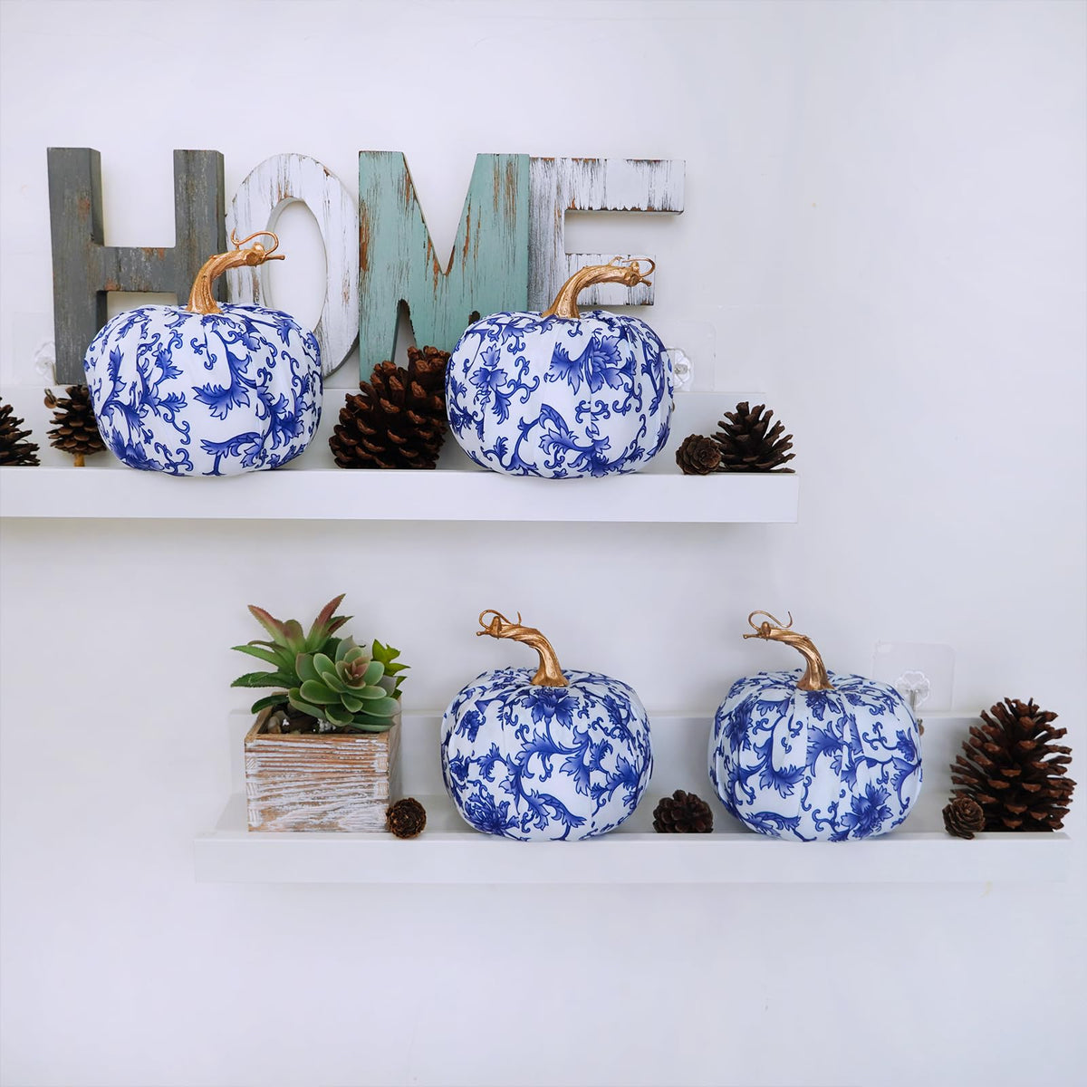 Winlyn 4 Pcs Faux Decorative Blue and White Fabric Pumpkins Chinoiserie Chic Pumpkins Foam Pumpkins for Gifts Farmhouse Thanksgiving Halloween Fall Wedding Table Centerpiece Mantel Bowl Decorations