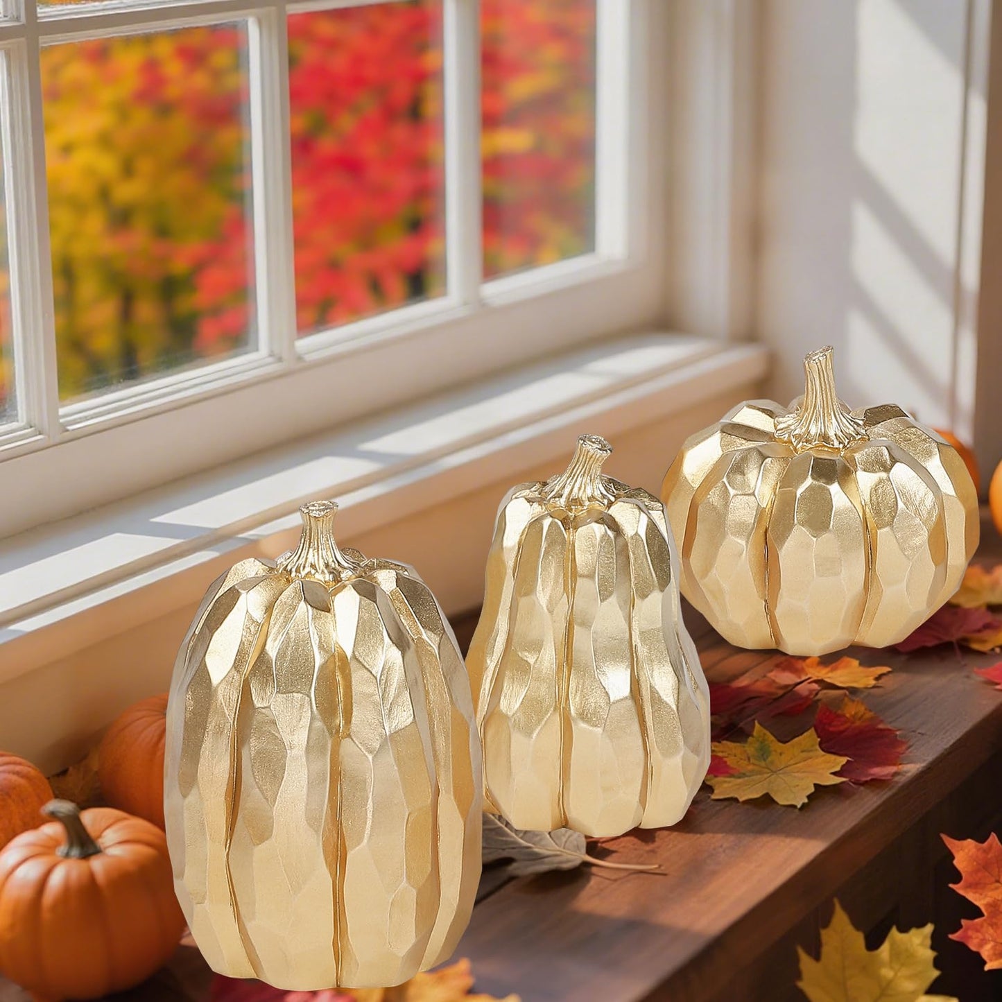 DETENE 3 Pack Thanksgiving Gold Pumpkins, Pumpkin Fall Decoration - Elegant Autumn Harvest Decor for Fall, Thanksgiving & Halloween, Perfect for Home, Table, Fireplace Mantel, Office & Kitchen