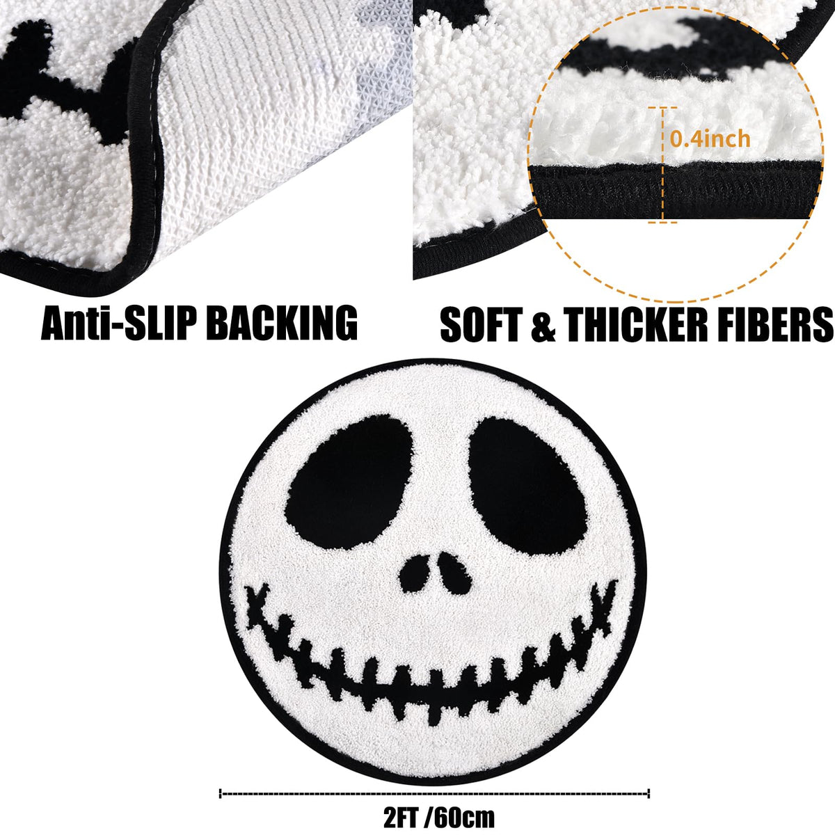 KGNN Jack Halloween Rugs Mat 2ft Round Non-Slip Cute Creepy Nightmare Bath Rug Bathroom Shower Floor Mat for Halloween Indoor Decor Nightmare Before Holiday Christmas Decorations