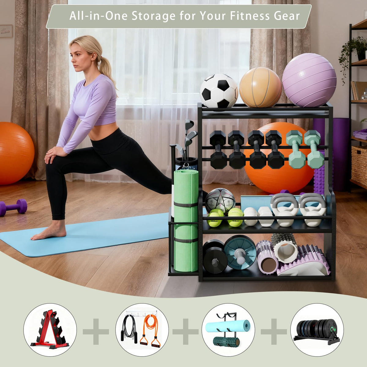 APRTAT Bamboo Dumbbell Rack, Adjustable Weight Rack for Home Gym, All-in-One Workout Equipment Storage for Dumbbells, Kettlebells, Yoga Mats & Balls(Black)