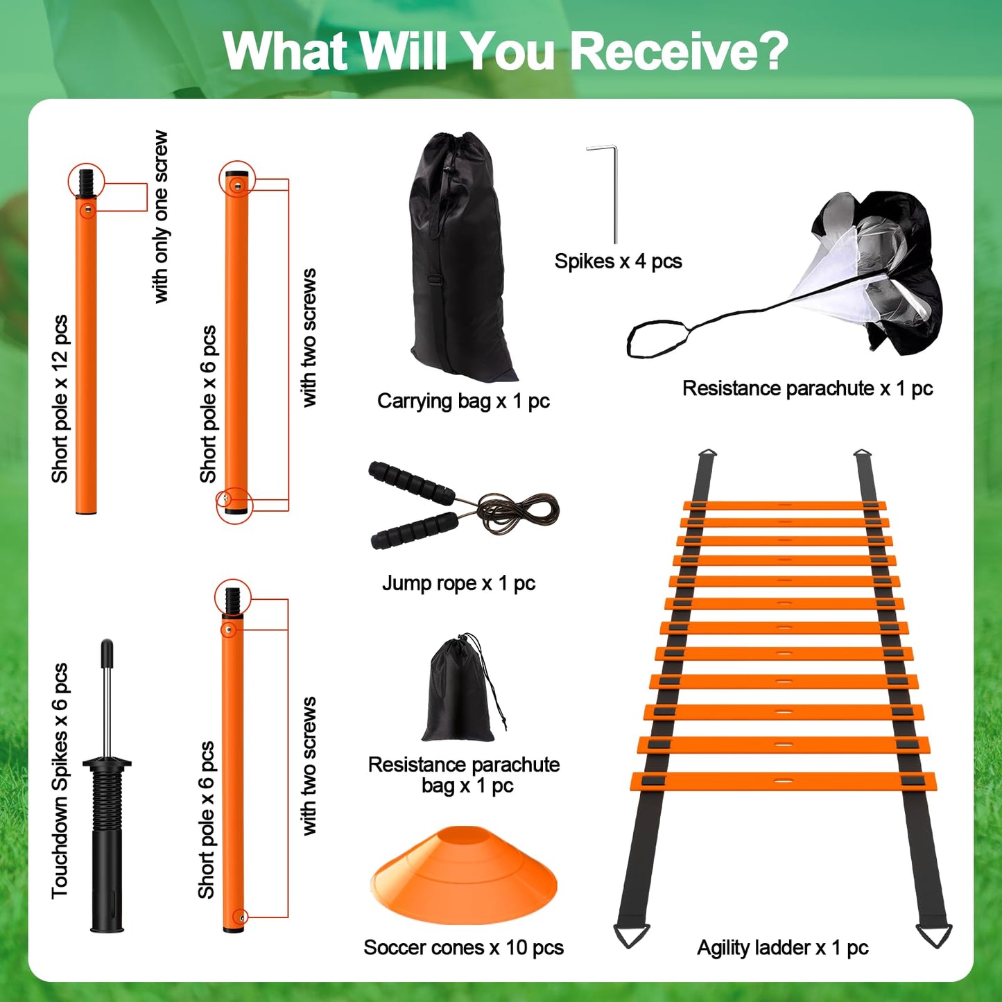 Supvision 24Pcs Soccer Agility Training Equipment Set Ultimate AgilityPoles Cones Ladder More for Quick Assembly and Easy Portability Suitable for All Skill Levels Enhance Speed Orange