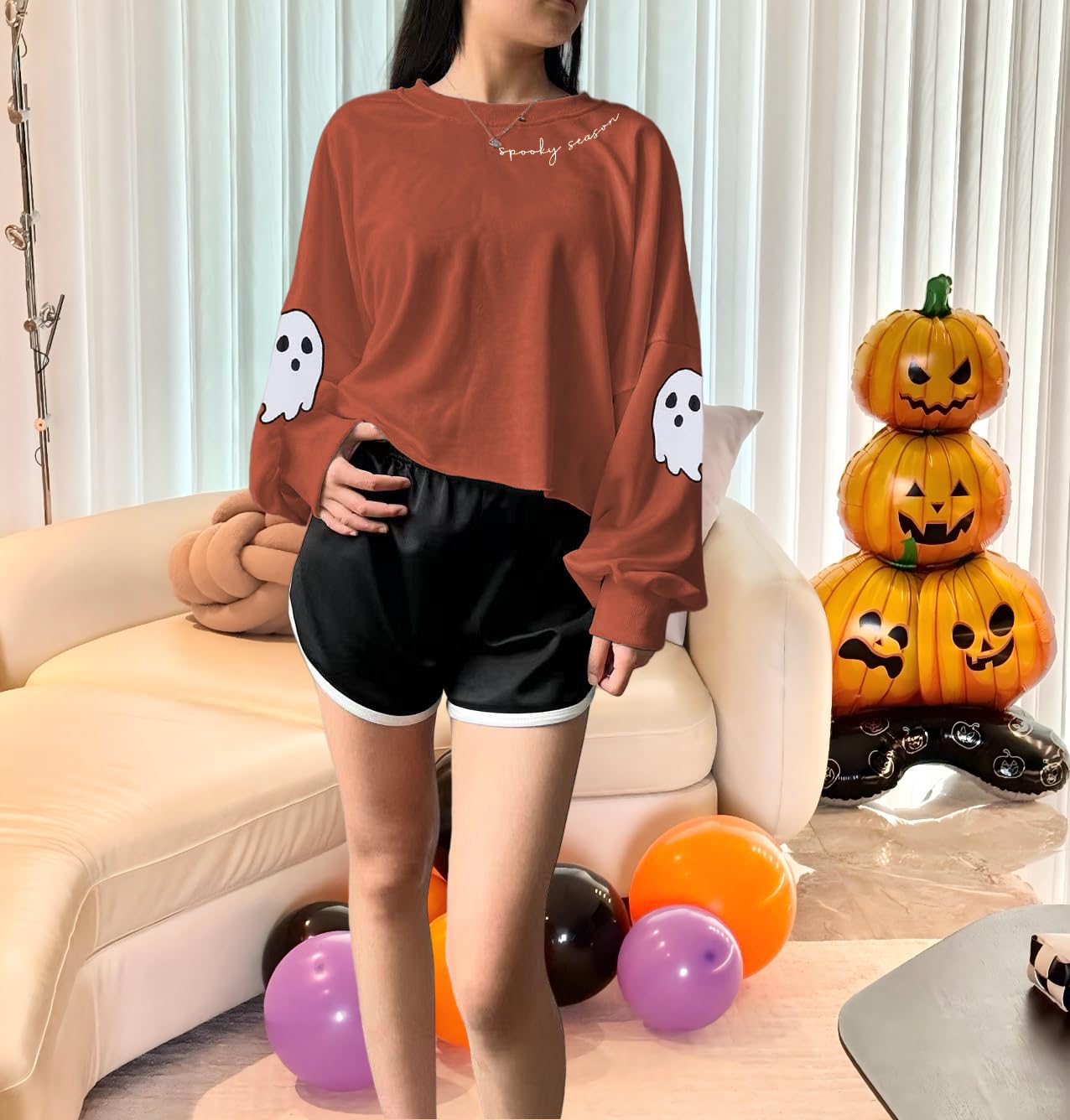 KNBUO Women's Funny Ghost Graphic Crop Sweatshirt Halloween Spooky Season Printed Lantern Long Sleeve Pullover Tops(XL,02CBrown