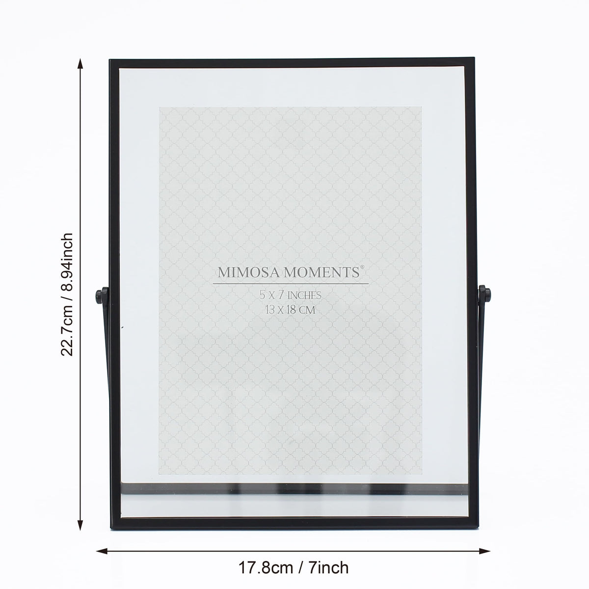 MIMOSA MOMENTS 5x7 Black Metal Floating Picture Frame, Double Glass Tabletop Display, Modern Minimalist Photo Frame for Home & Office Decor