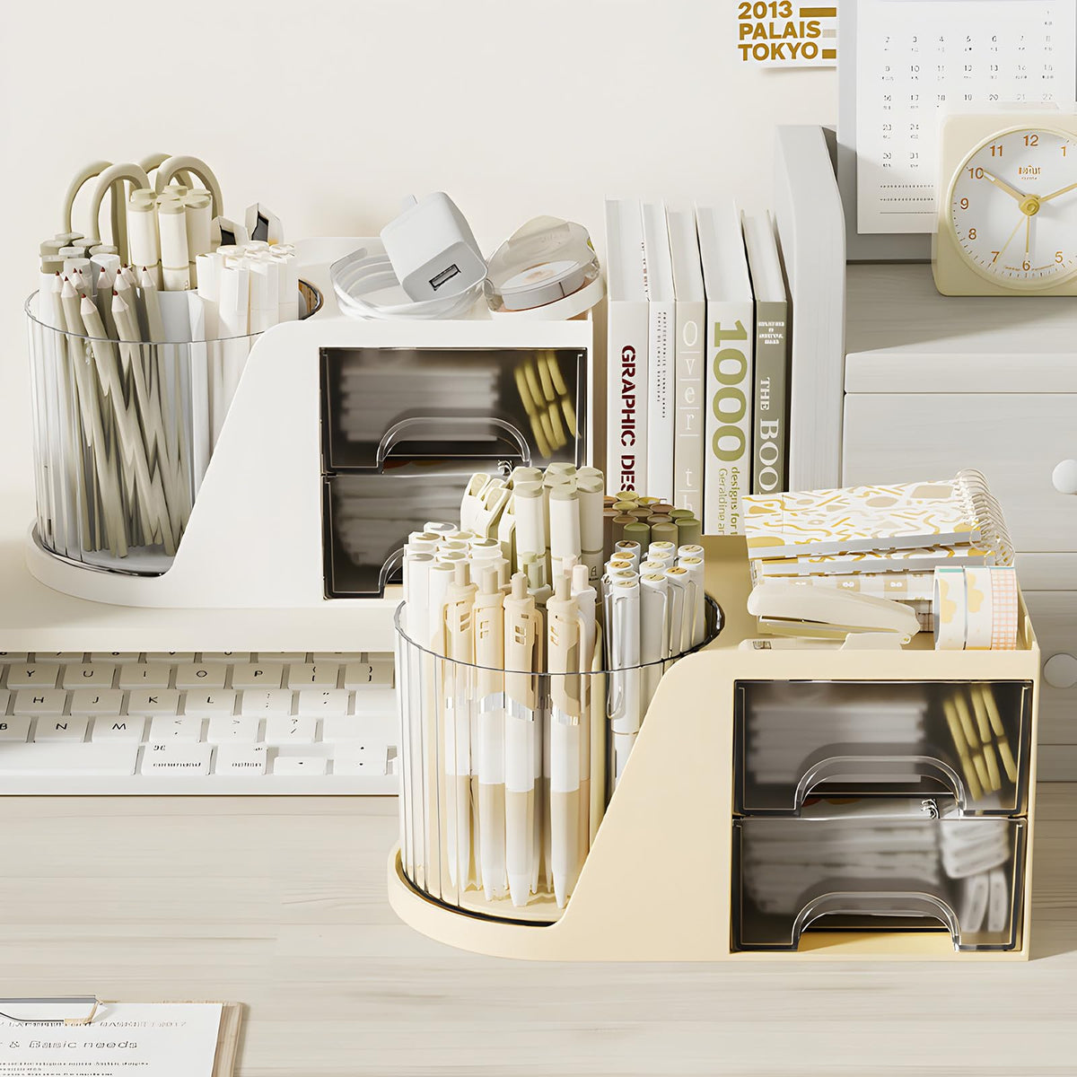 360 Degree Rotating Pencil Pen Holder for Desk , Cute Desk Pen Organizers Desktop Storage Stationery Supplies Cup Pot for Office School Home Art Supply Accessories Caddy Makeup Brush Holder White