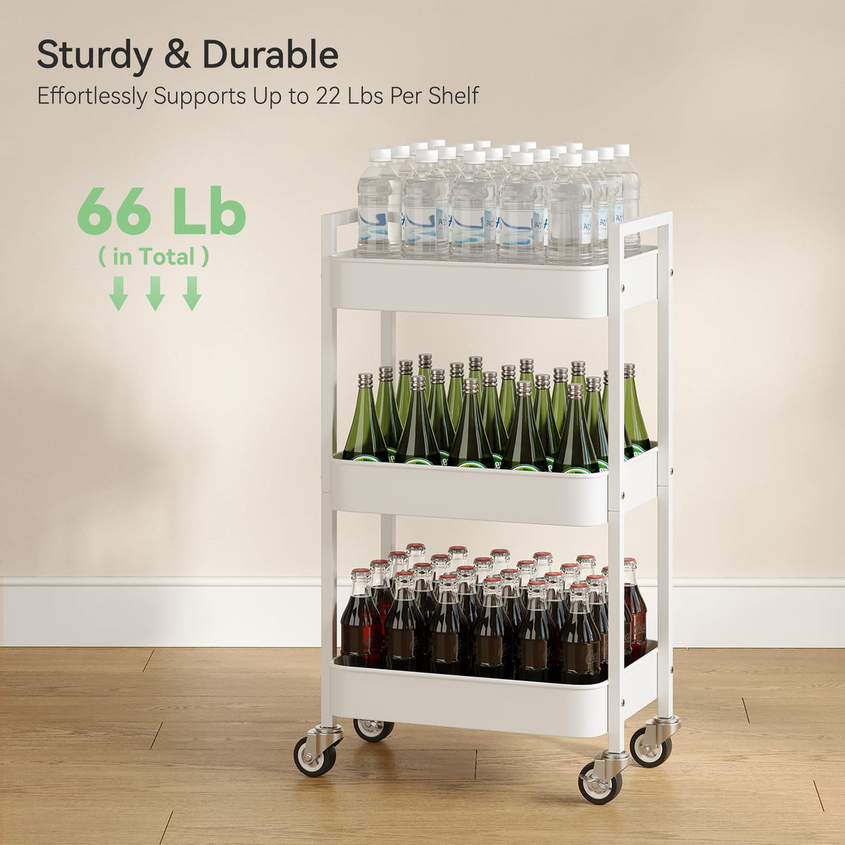 Nunsino 3 Tier Rolling Cart,Utility Cart with Locking Wheels, Hanging Cups,&Hooks, Heavy Duty Metal Storage Organizer Cart for Kitchen,Office, Bathroom,Craft Room,White