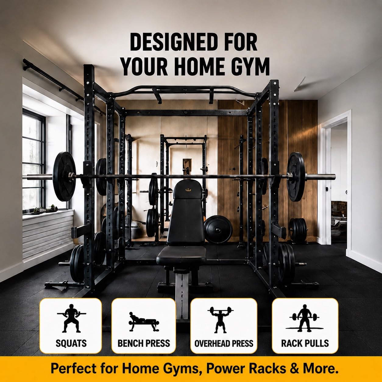 AINAFIX J Hooks for 2" x 2" Power Rack with 1" Hole, Rubber Pad J-Hook for Power Cage, Bottom Reinforced Steel J Cups for Squat Rack, Heavy Duty Barbell Holder, Black