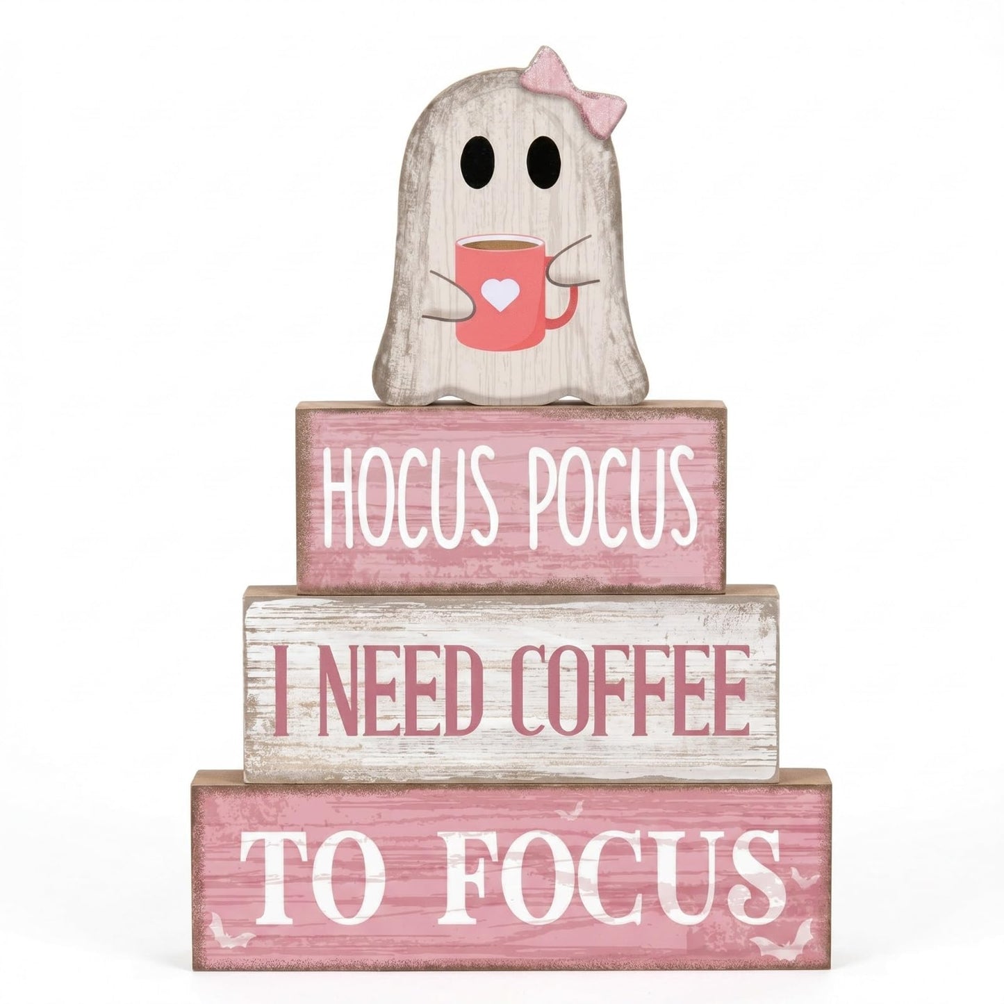Moucuny 4 Pcs Pink Halloween Table Decorations Coffee Ghost Wooden Stacked Block Decor, "Hocus Pocus I Need Coffee to Focus" Signs, Cute Rustic Halloween Tiered Tray Decor for Home Kitchen Office Bar