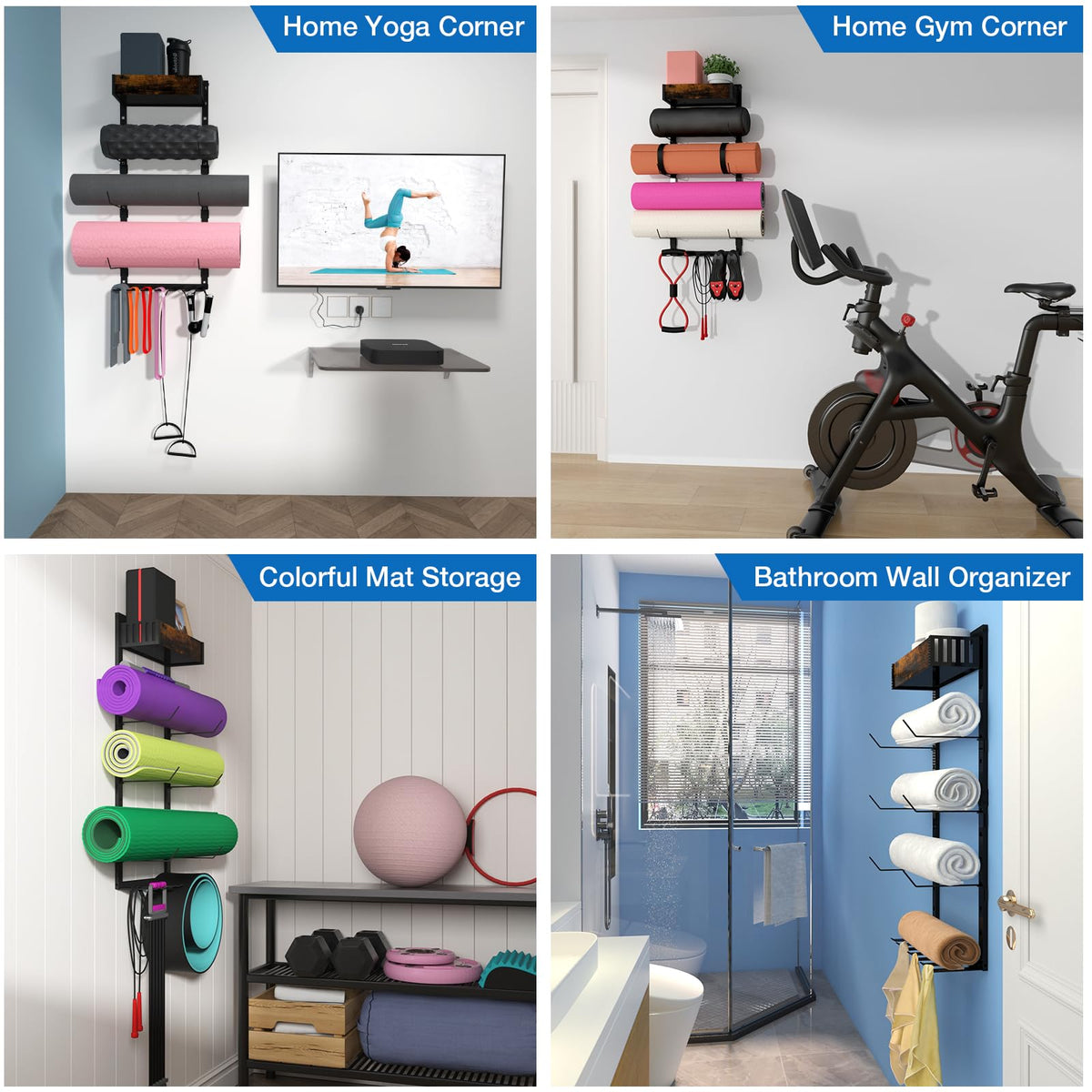 Yoga Mat Holder Wall Mount - Tool-free Adjustable Yoga Mat Rack Shelf, All-in-one Foam Roller Holder for Resistance Bands & Blocks, Space-saving Home Gym Organizer for Small Space Training Storage