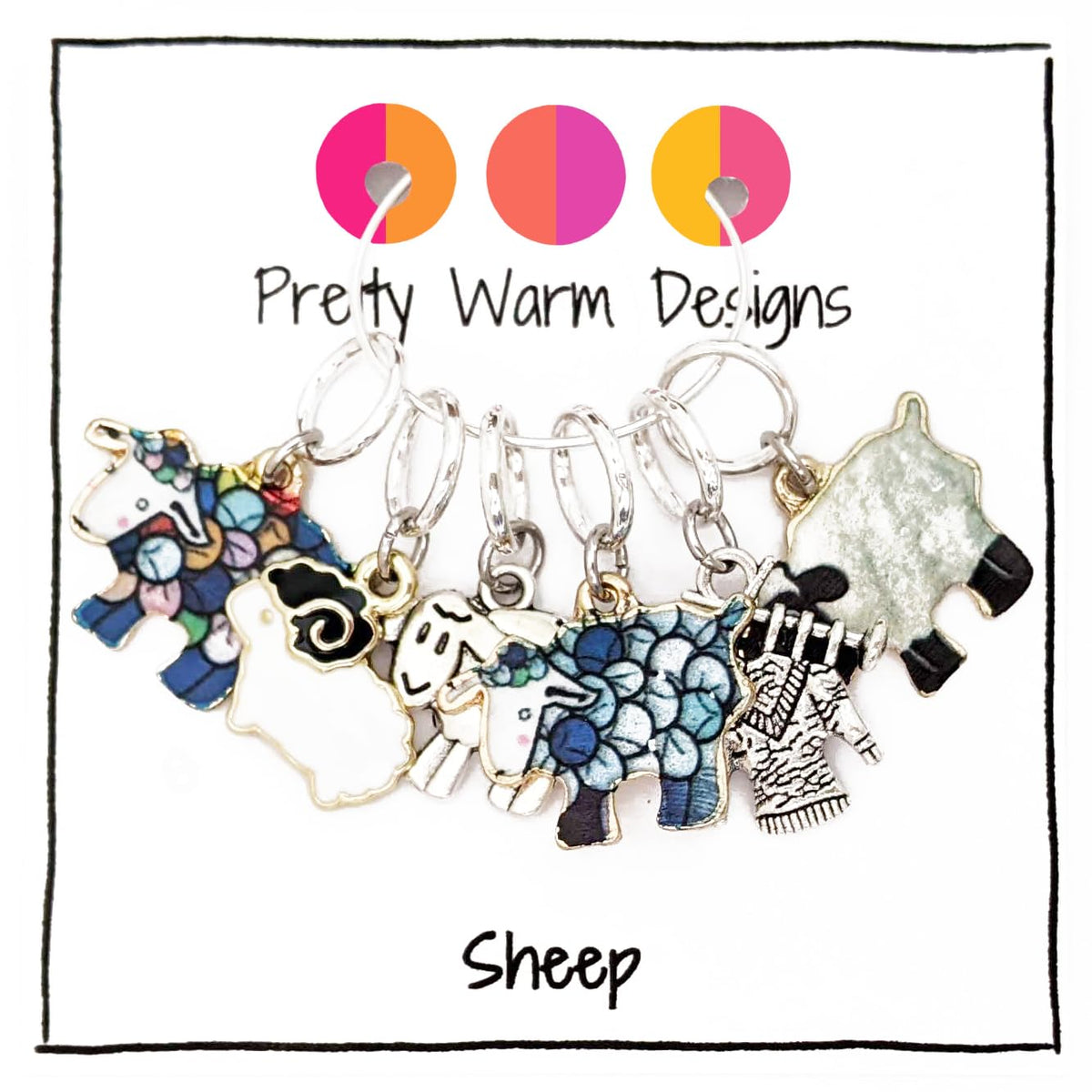 Pretty Warm Designs Sheep Stitch Markers with Storage Tin, Set of 6 Snag Free Rings Fits up to US 8 (5mm) Needles