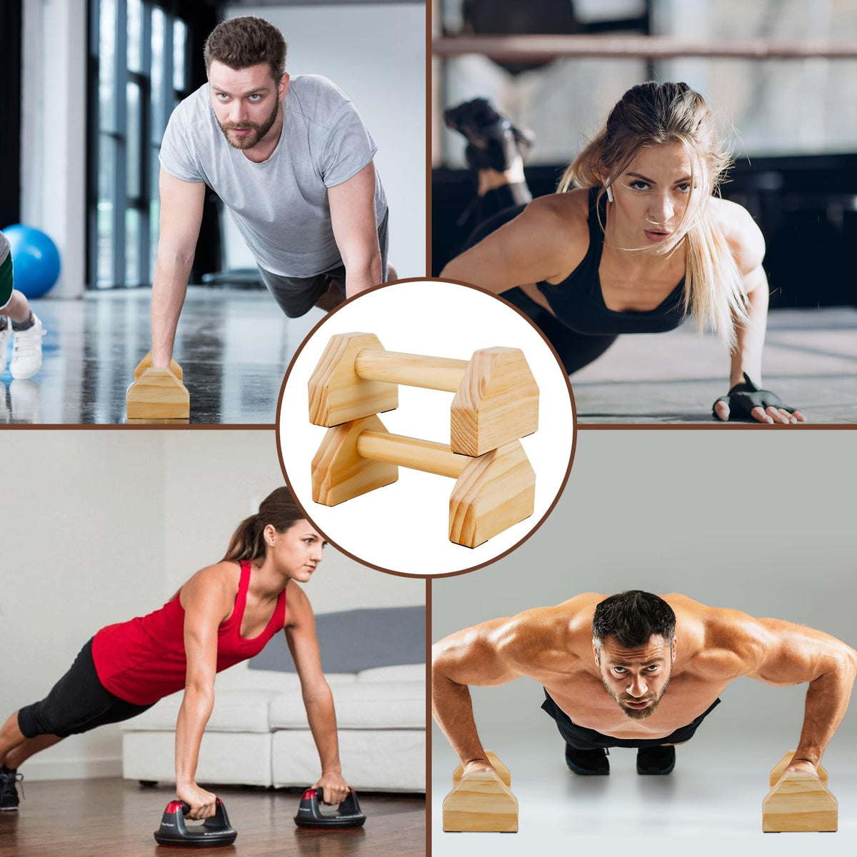 Wooden Push-up Bars, 1 Pair Non-slip Base Pushup Handles Stand, Home Workout Calisthenics Equipment, Push up Bracket Board with Ergonomical Handle, Wooden Parallettes Bars for Fitness Training