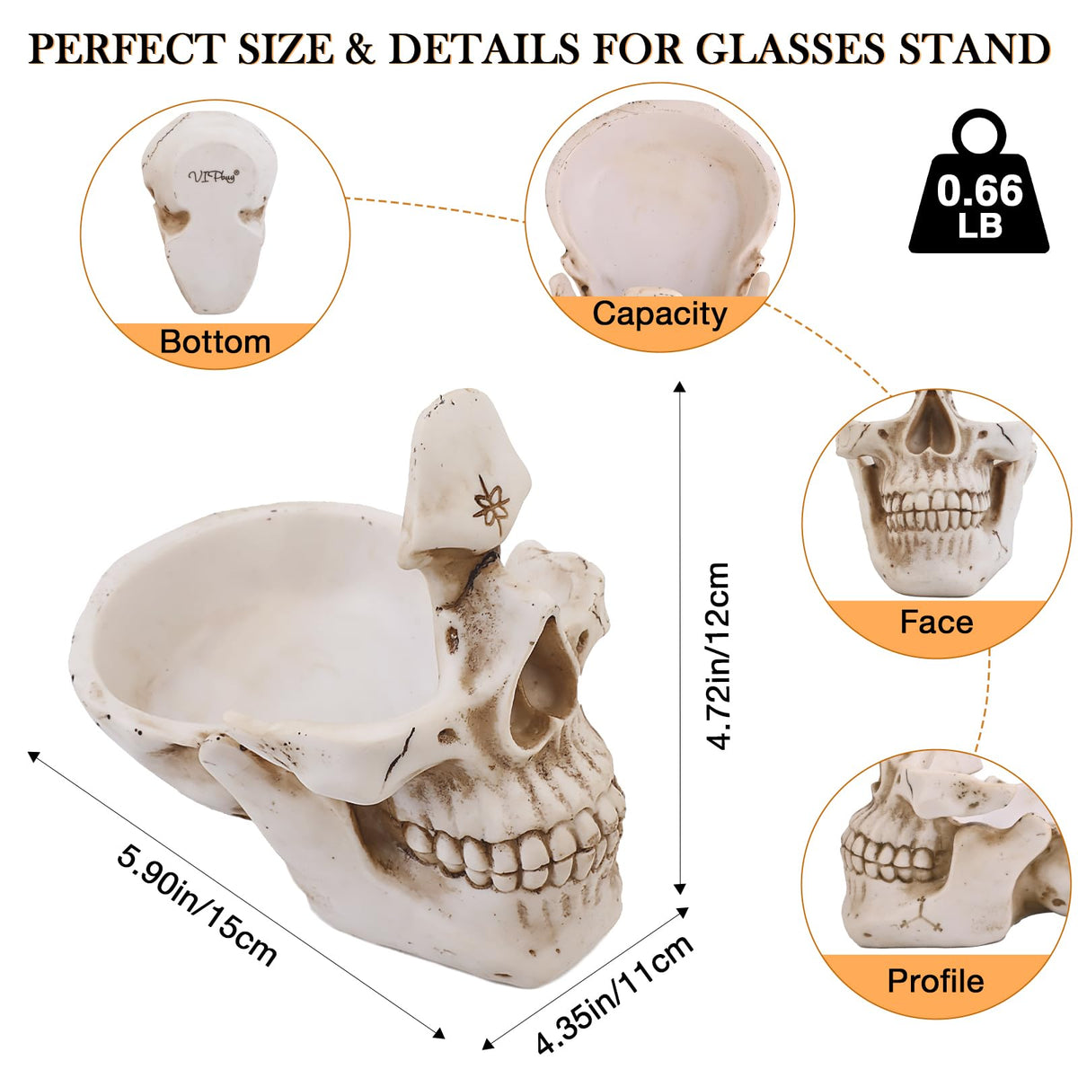 VIPbuy Skull Glasses Holder Stand with Storage Tray , Novelty Eyeglass Holder Rack for Nightstand, Resin Skull Head Sculpture Statue Home Office Desk Decor Gift (White)