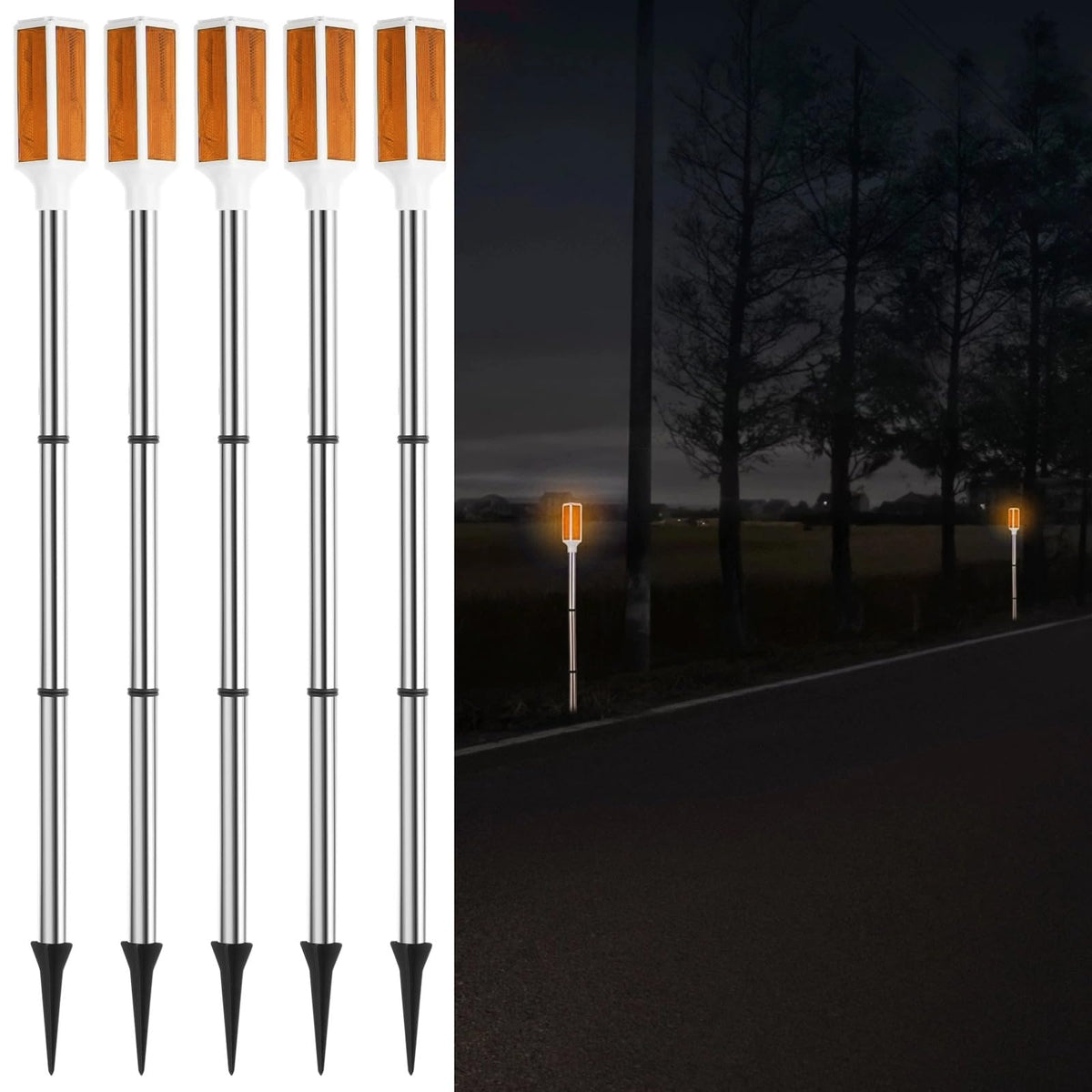 Joyibay 5 PCS Solar Powered Driveway Markers, Solar Warming Landscape Lights, Solar Outdoor Driveway Lights, Landscape Driveway Reflectors on Poles for Snow Road Yard (Orange)