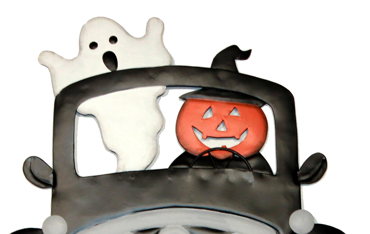 18" Halloween Metal Pumpkin and Ghost on Truck Outdoor Yard Stake
