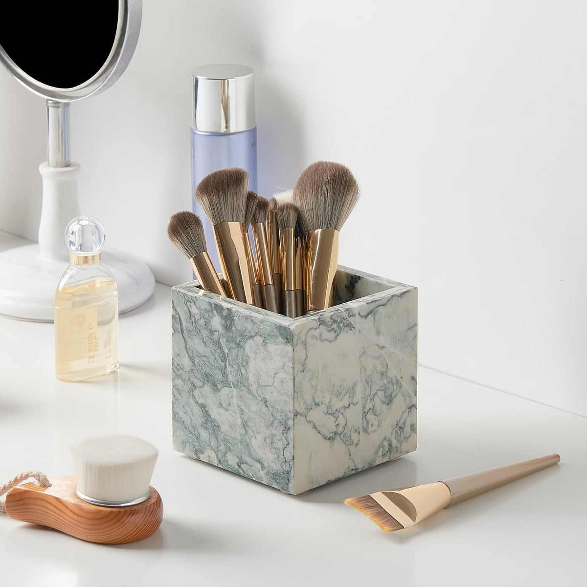 Real Luxurious Natural Marble Toothbrush Holder & Makeup Brush Organizer & Pen Holder for Desk,3.93inch Square Marble Utensil Holder Non-Ceramic/Non-Resin (Cyan Green)