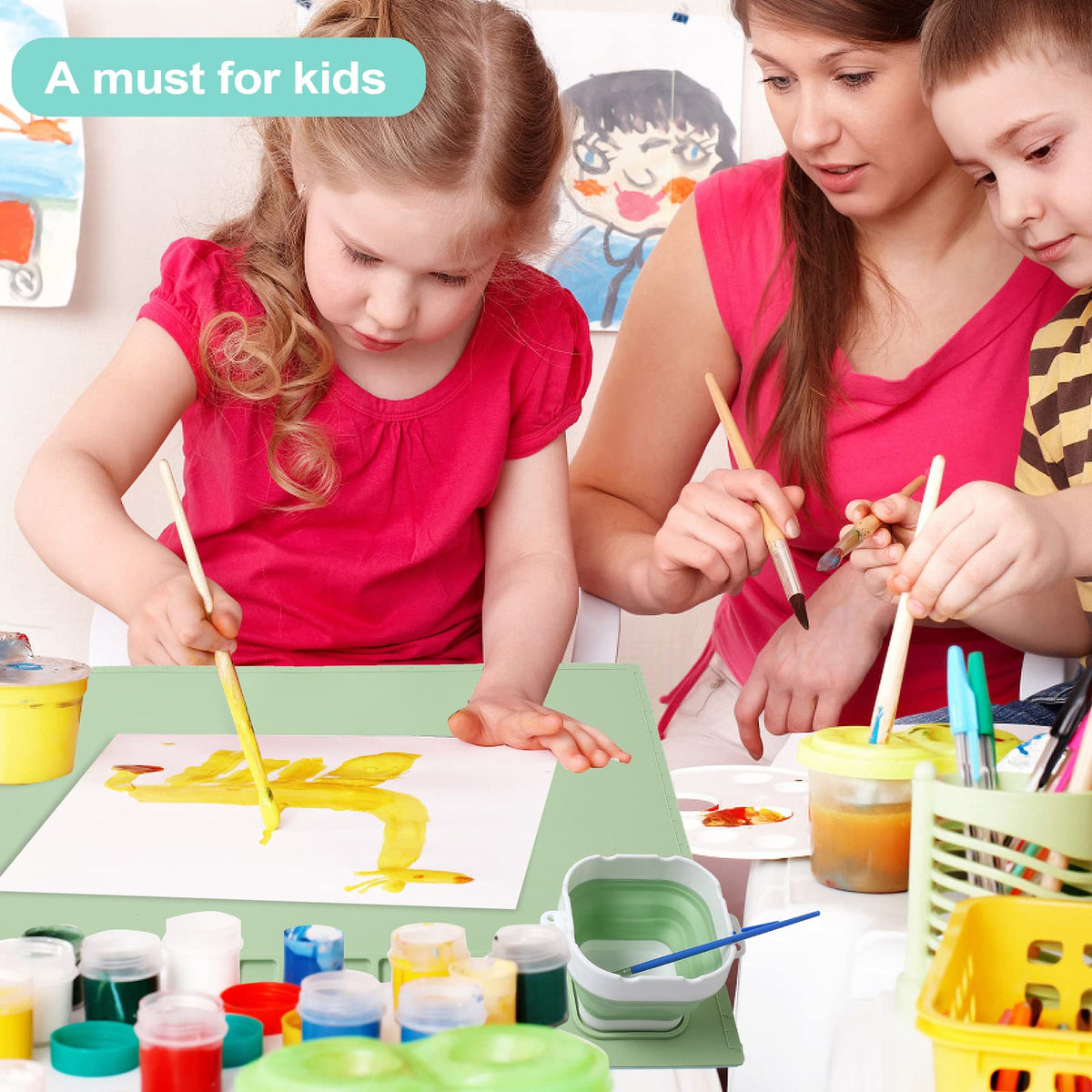 AWOKE Silicone Painting Mat for Table Protection - 20"X16" Washable Art Mat with 1 Water Cup for Kids - Craft Mat has 12 Color Dividers - 2 Paint Palettes (Green), Toddler Activities, Girl Boy Gifts