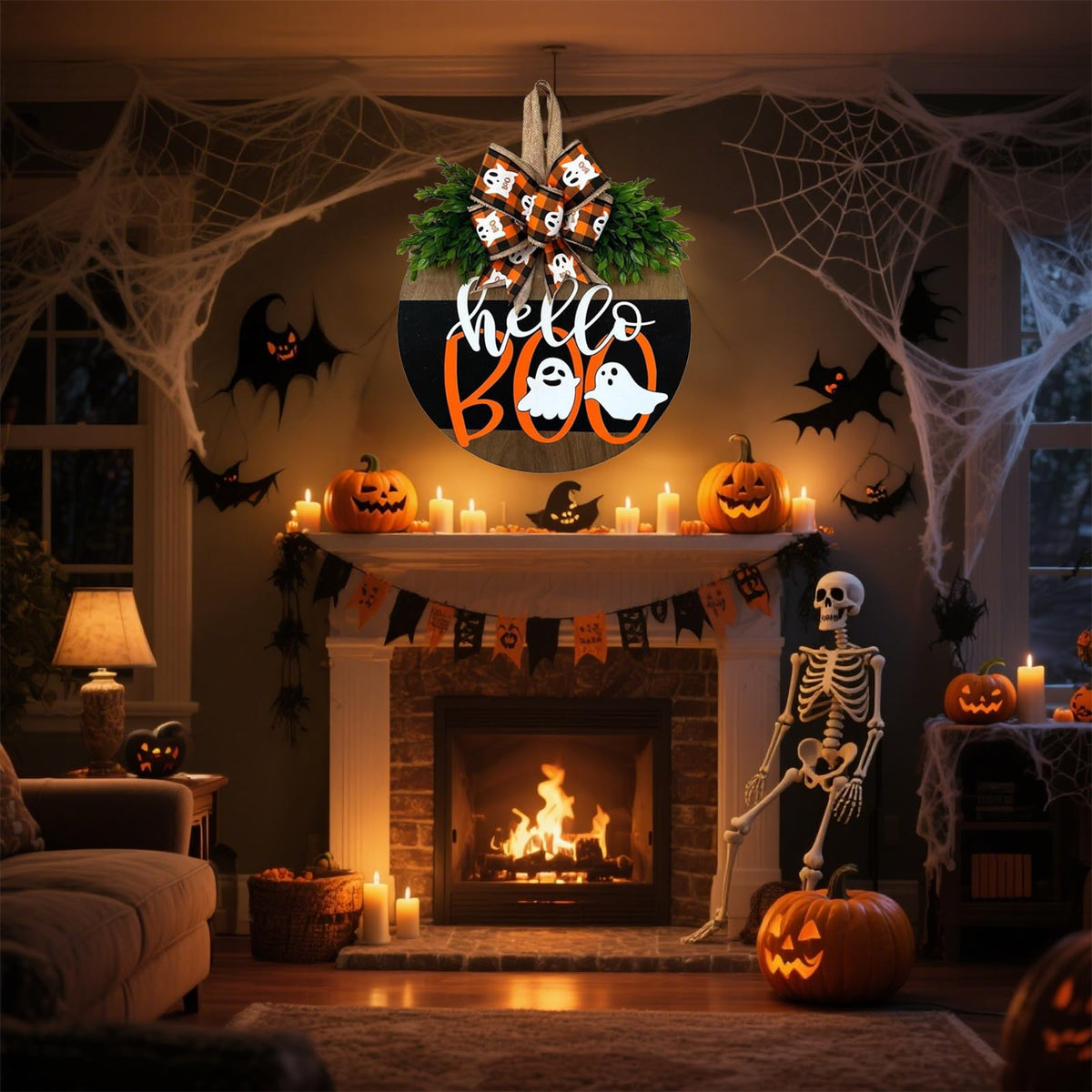 Cute Halloween Ghost Door Hanger Sign, Wooden Welcome Wreath for Front Door Farmhouse Porch Outdoor Wall Decor