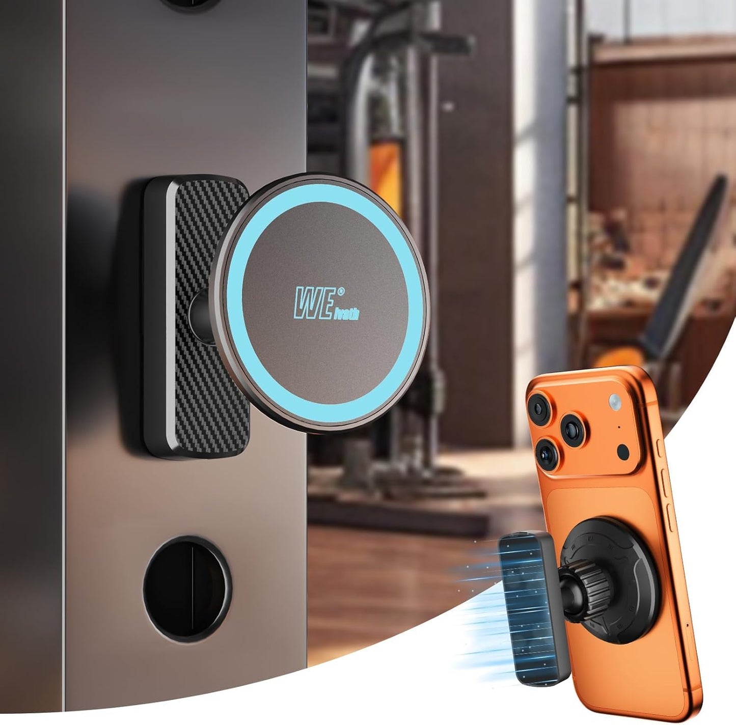 welvath Dual Magnetic Phone Holder for Gym, Workout, Kitchen or Any Metal Surface, Magnet Base Mount & Power Magnet Phone Mount for MagSafe iPhone 17 16 15 14 13 12 Series