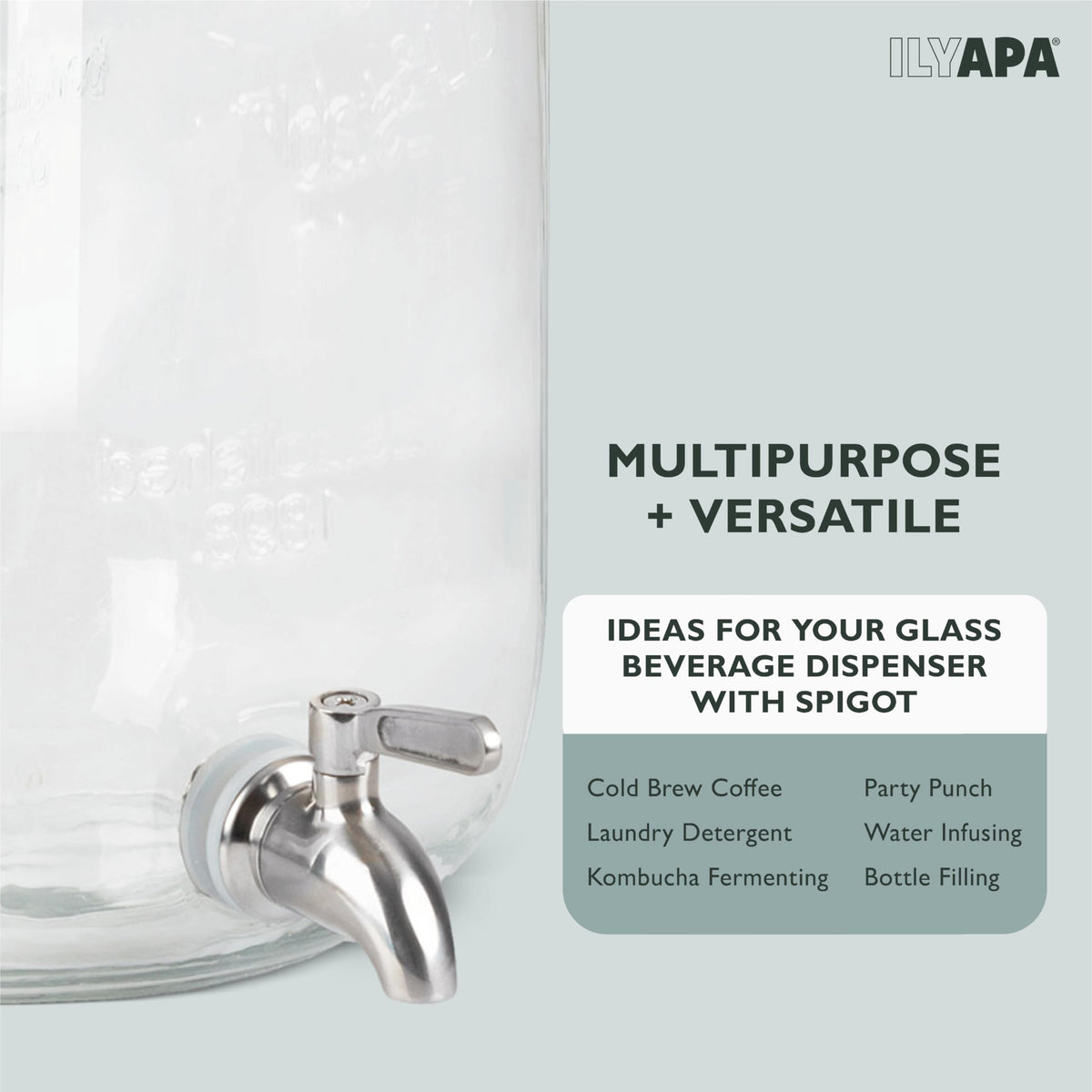 Ilyapa 2 Gallon Drink Dispenser - Wide Mouth Glass Drink Dispenser - 100% Leak Proof Stainless Steel Spigot with Glass Flip Top Lid, for Any Event