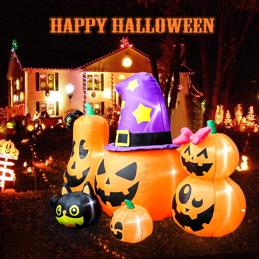 Meland 8FT Halloween Inflatable Pumpkins - Inflatable Halloween Pumpkin Lantern Family with Wizard Hat & Black Cat, Blow Up Outdoor Decor with Built-in LED Light for Yard Garden Lawn