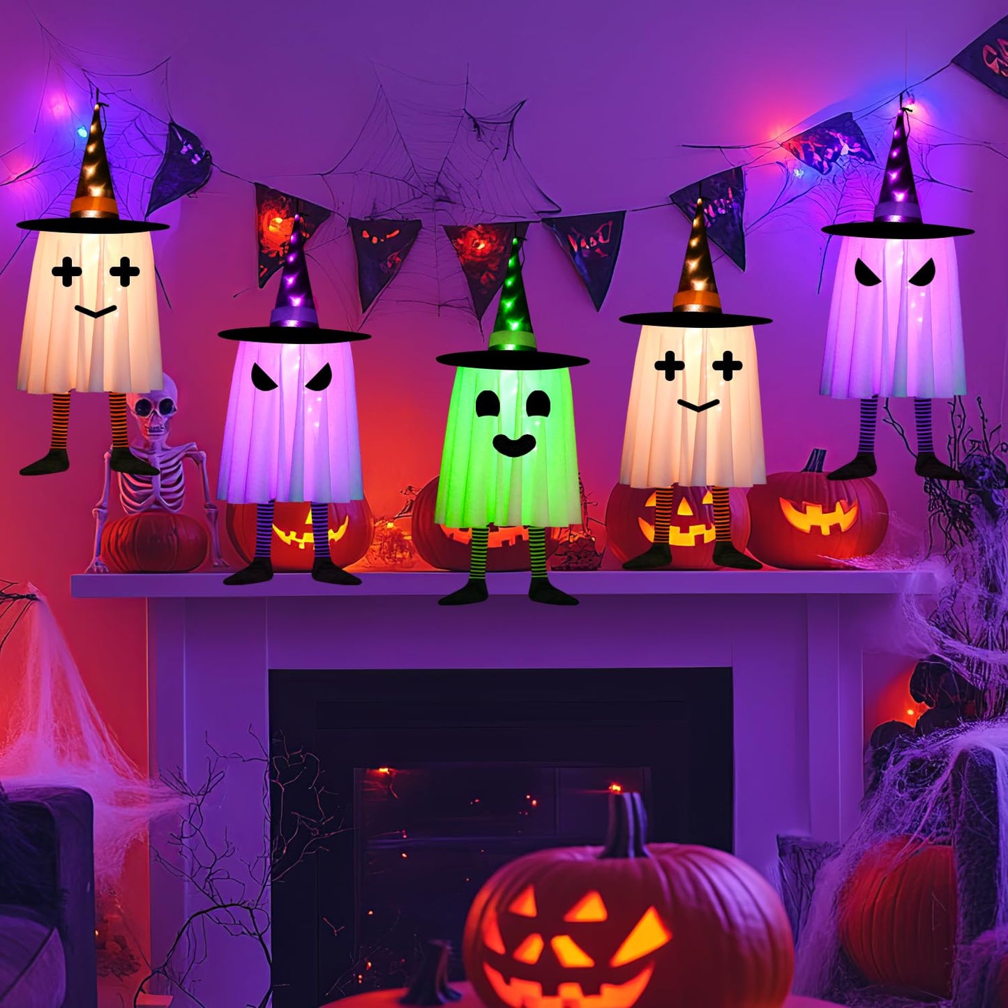 3 Pack Halloween Hanging Ghosts Halloween Decorations Outdoor, Lighted Glowing Ghosts Witch Hat with Orange Purple Green Lights, Light up Ghost for Home Yard Patio Tree