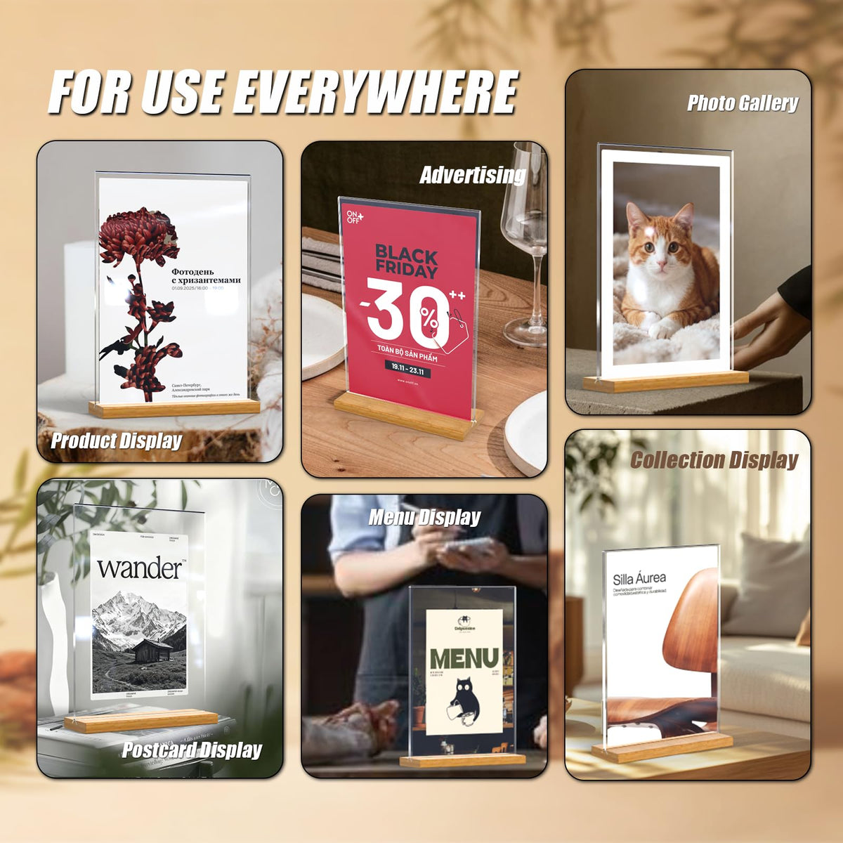 obivioo 5×7 inch acrylic sign holder with polished and waxed wood base, Easy set table top display stand for QR code/paper/photo(6pack)