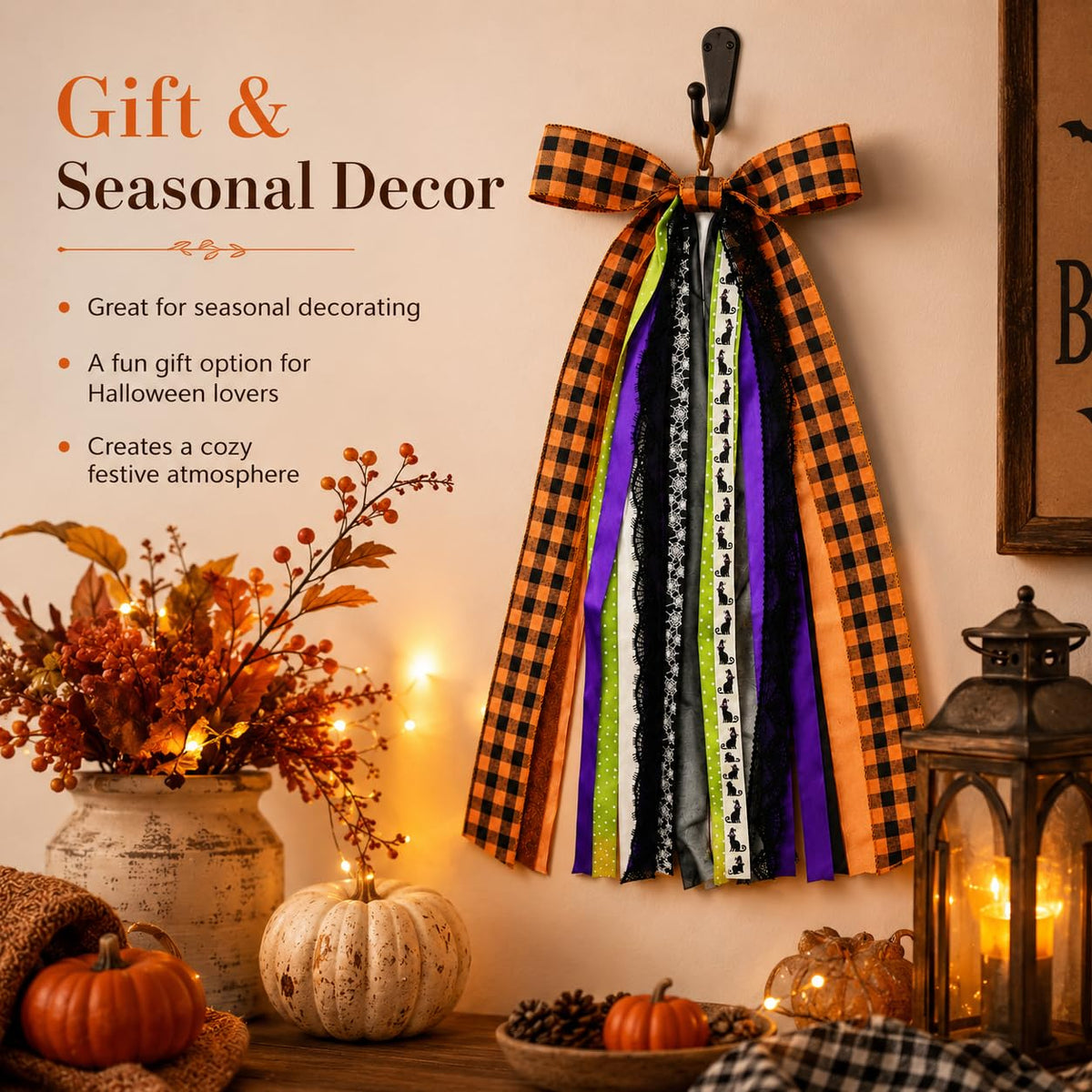 Halloween Wreath Sash Front Door Ribbon Bow Large Orange Black Buffalo Plaid Purple Spider Web Cat Streamer Fall Porch Decoration