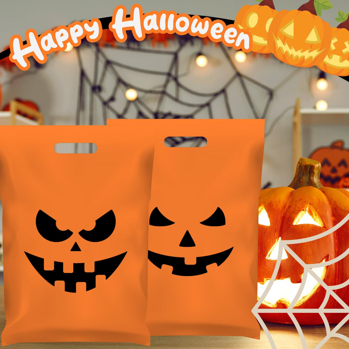 AmazingSpark 48 Pack Large Halloween Pumpkin Plastic Gift Bags with Handles 12 x 16'' Plastic Party Favor and Candy Treat or Trick Pouches for Halloween Party Supplies Gift Wrapping