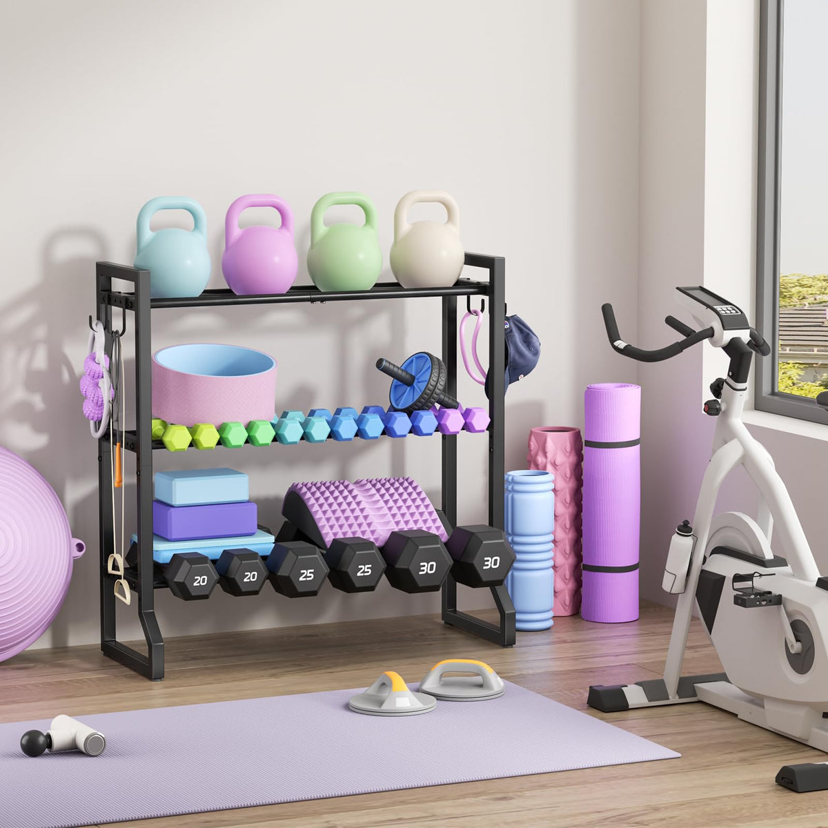 VOPEAK 3-Tier Adjustable Dumbbell Rack, 31-Inch Weight Rack for Home Gym with 4 Hooks, Home Gym Storage for Kettlebells, Space-Saving Dumbbell Stand - 400LB Capacity (Rack Only)