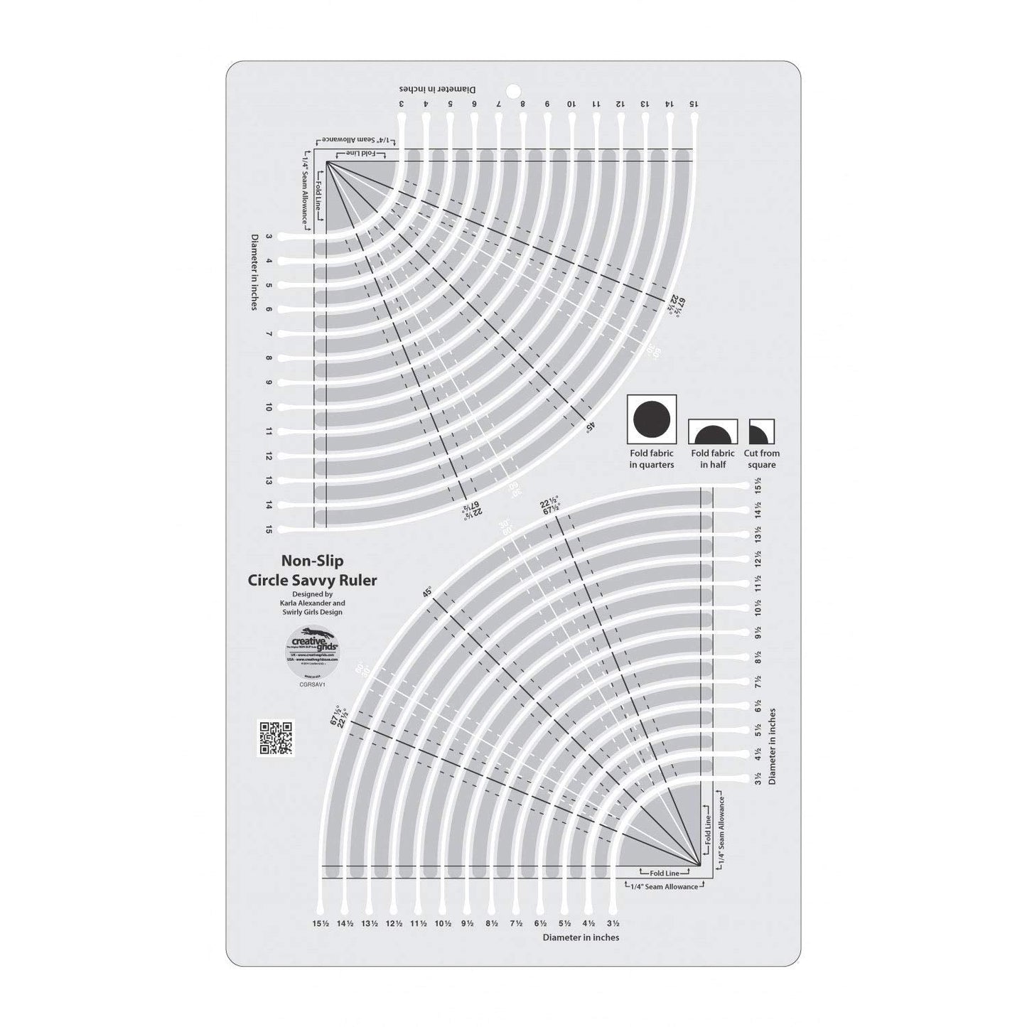 Creative Grids Circle Savvy 11-3/4in x 18-1/2in Quilting Ruler – CGRSAV1 – Made in USA, Non-Slip Grip Acrylic Fabric Strip Cutting, Sewing, Crafting, Patchwork Ruler & Template