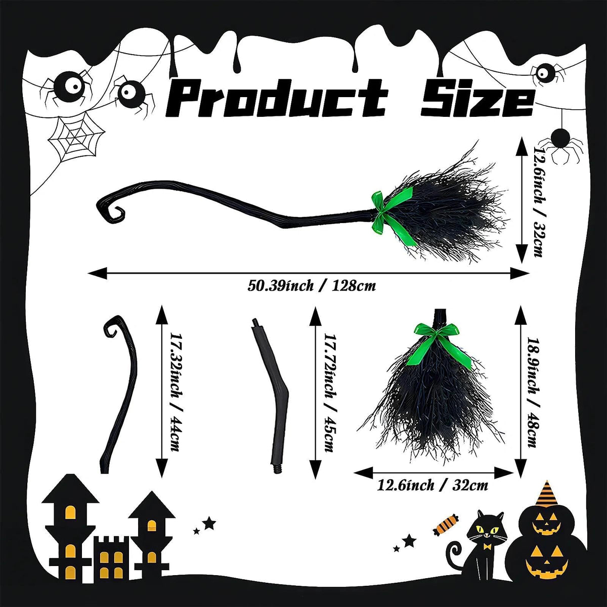 Lachouhaox Halloween Witch Broom with 3 Ribbons, Large Plastic Black Home Decoration Accessory Cosplay Photo Prop for Party