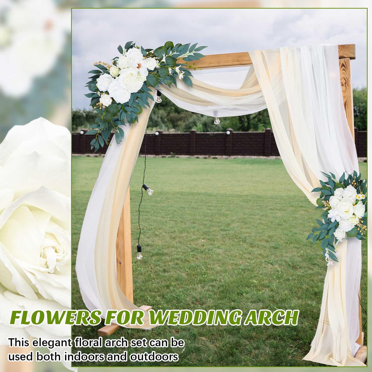 Thiccywoov 4 Pcs Wedding Arch Flowers and Drape Kit Include 2 Artificial Floral Swag and 2 White Chiffon Drapes, Faux Flower Set for DIY Wedding Party Reception Ceremony Backdrop Rose Decoration