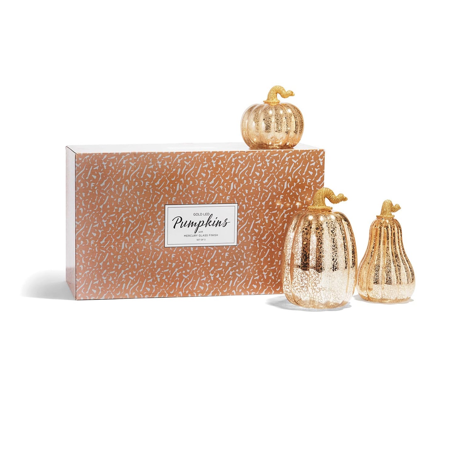 Gold Glass Pumpkin with Lights - Set of 3, Mercury Glass Style, Batteries Included, Thanksgiving Harvest Decorations, Timer, LED Lighted Gold Pumpkins for Decorating Fall