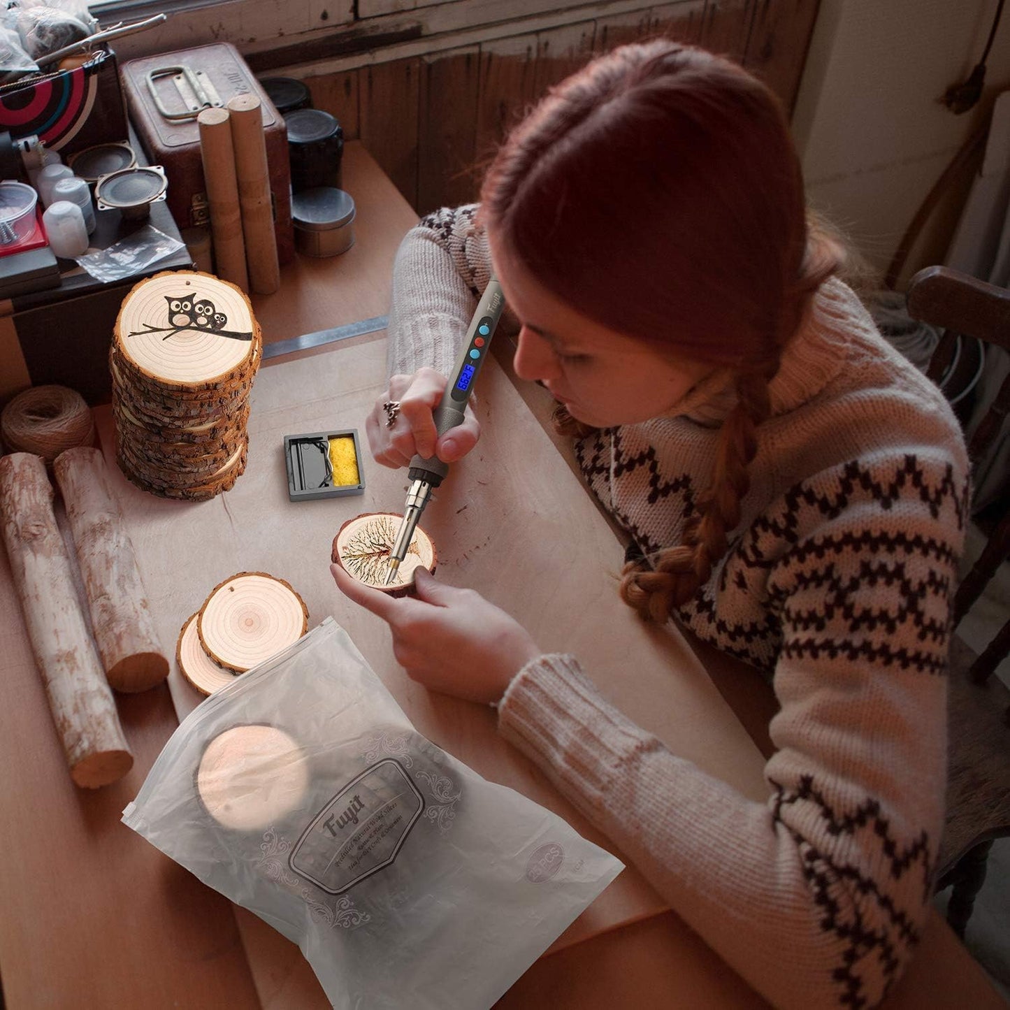 Fuyit Natural Wood Slices 30 Pcs 2.4-2.8 Inches Craft Wood Kit Unfinished Predrilled with Hole Wooden Circles Tree Slices for Arts and Crafts Christmas Ornaments DIY Crafts
