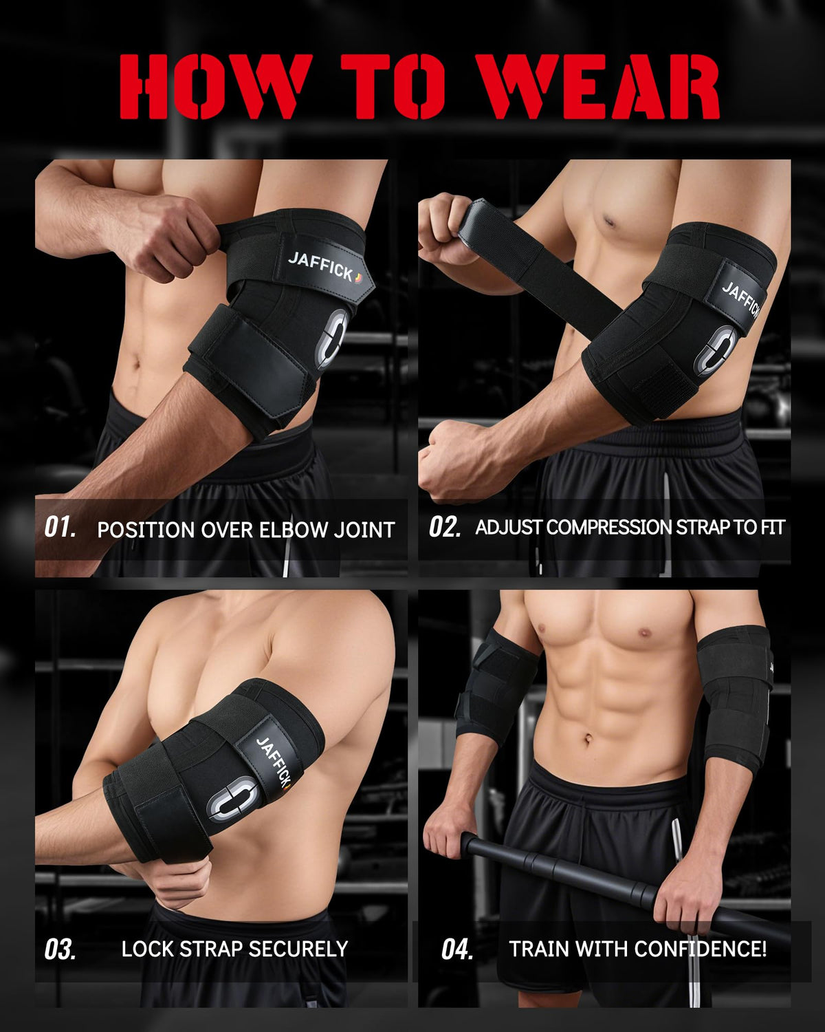 Jaffick Weightlifting Elbow Brace (1 Pair) - Elbow Sleeve with Dual Adjustable Compression Straps for Bench Press, Powerlifting, Pressing, Men & Women(Black, M)