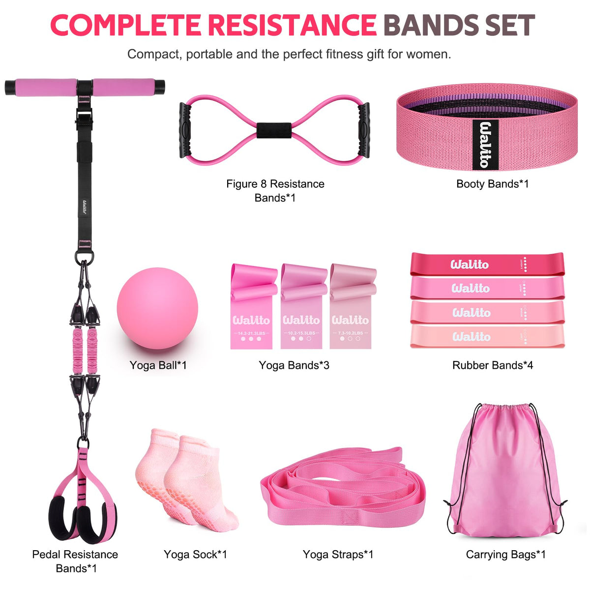 WALITO 15 PCS Pilates Kit, Adjustable Pedal Resistance Band with Handle, Figure 8 Resistance Band for Exercise Women, At Home Workout Equipment Set with Yoga Ball & Booty Bands for Full Body Gym
