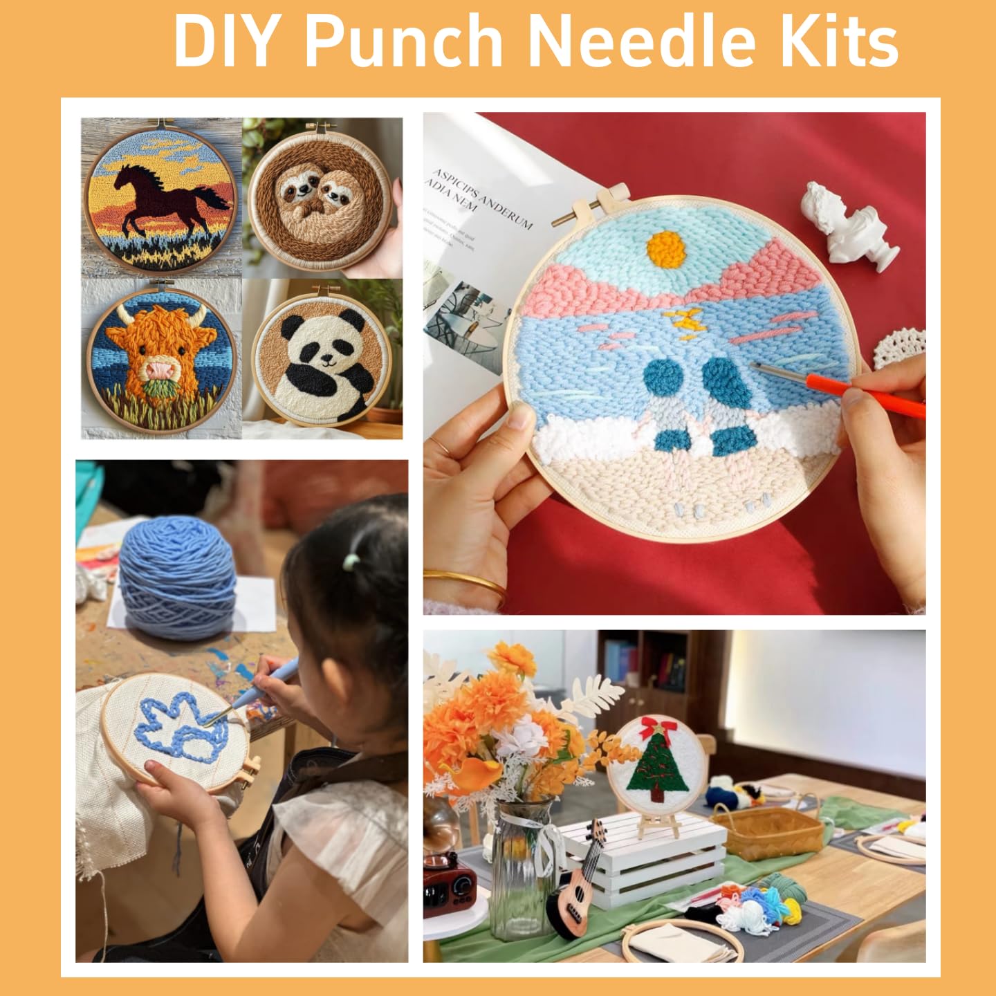 DIY Punch Needle Kits Cute Highland Cow in Sunflowers Easy for Beginners Punch Needle Embroidery Set for Craft Lovers with Printed Pattern and Hoop for Home Decor 20x20cm-11