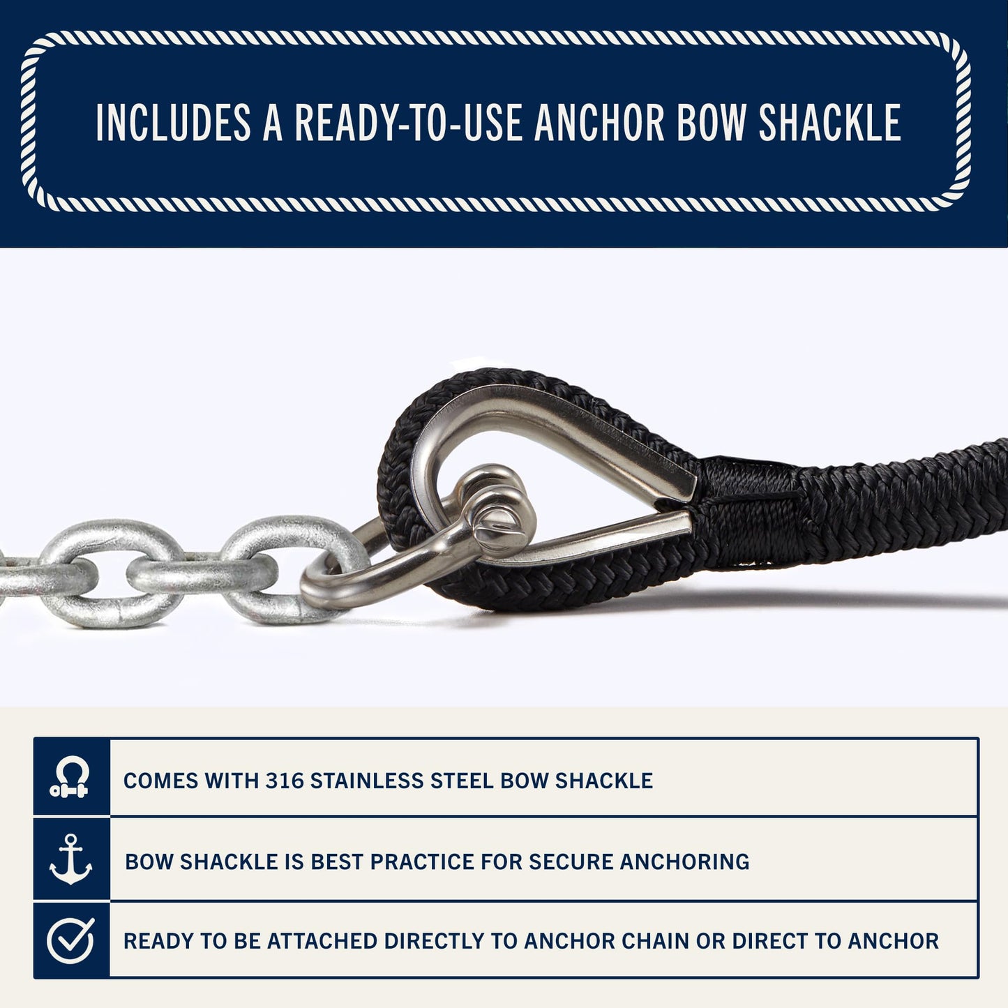 RainierSupplyCo Boat Anchor Rope - Double Braided Marine Rope Anchor Line - 50 ft x 1/4 Inch Nylon Boating Line with 316 Stainless Steel Thimble and Heavy Duty Marine Grade Bow Shackle - Black