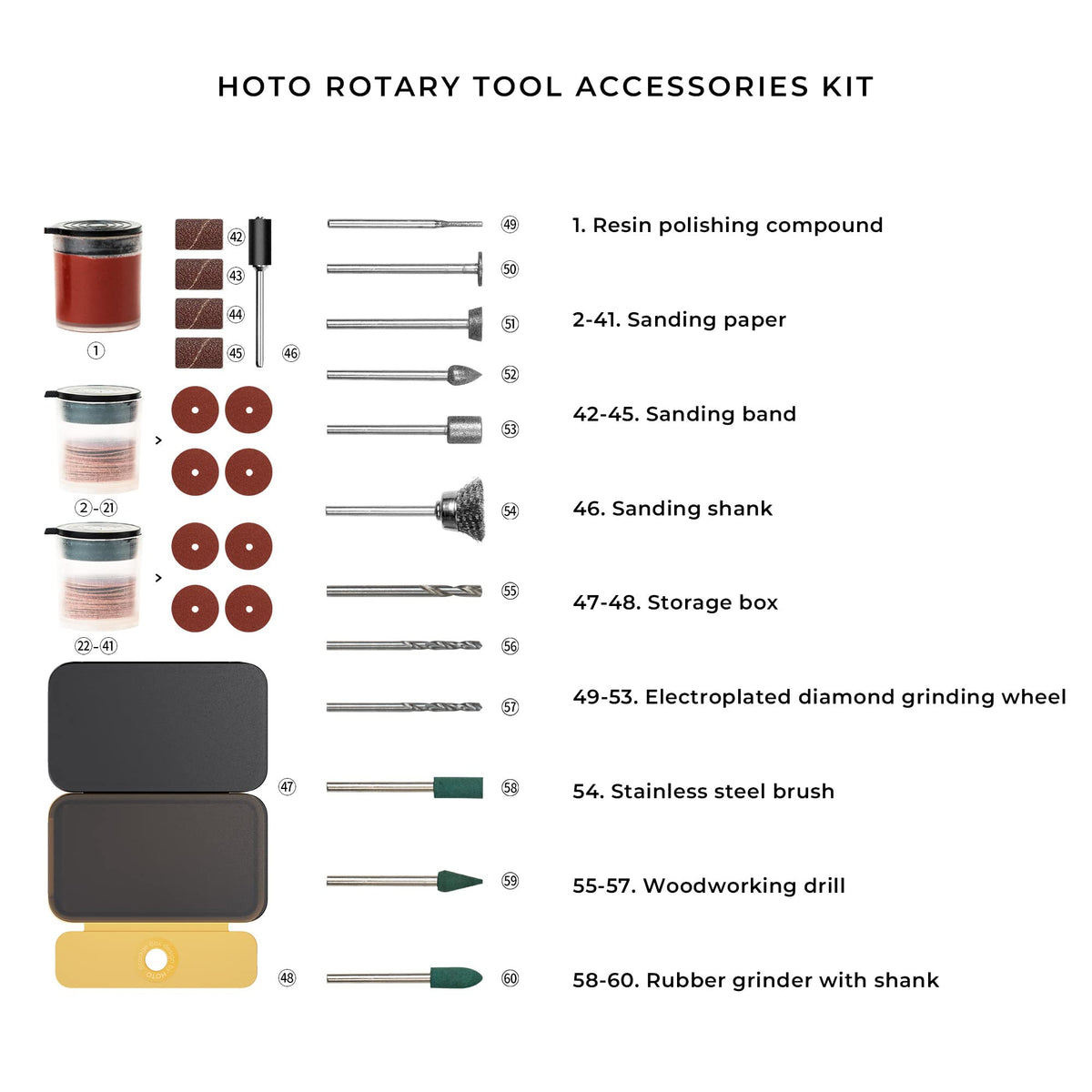 HOTO Rotary Tool Accessories Kit, 60-Piece Set, Fits 1/8'' (3.2mm) & 3/32'' (2.3mm), Sanding, Grinding, Cutting, Drilling, Sharpening, Carving & Engraving
