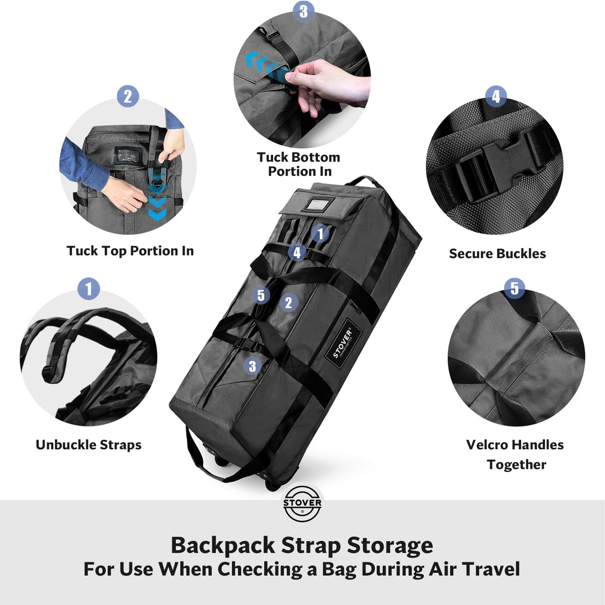 STOVER 45/80/100L Rolling Duffel Bag with Wheels, X-Large Durable Travel Duffle + Toiletry Bag, Heavy Duty, Packable with Shoulder Straps- Use as Luggage or Backpack, Men/Women (Black)