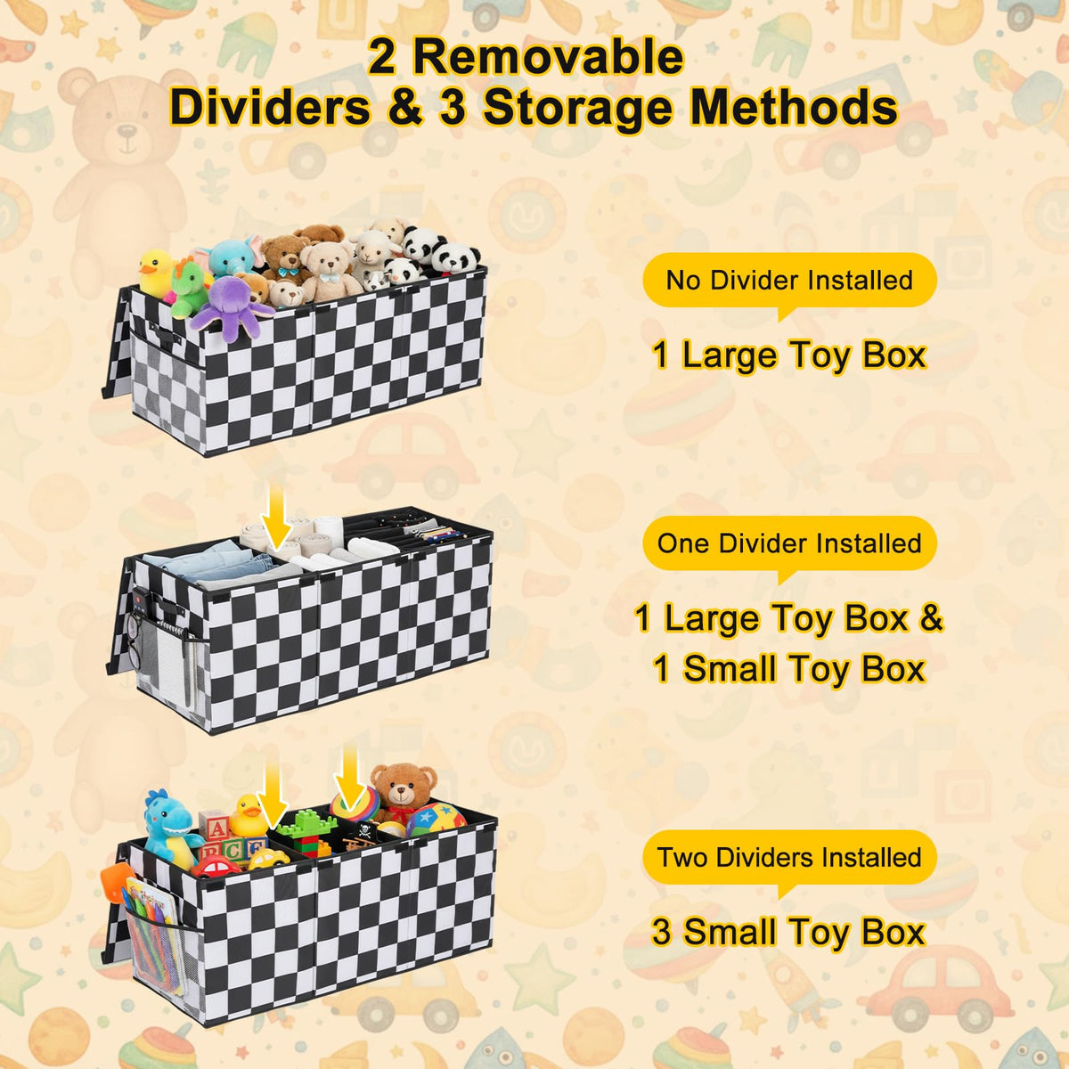 Youyole Extra Large Toy Box Checkered Monster Truck Toy Chest for Boy Girl Kid Collapsible Car Storage Organizer with Lid 40" x 16" x 16" Rectangular Checkered Basket for Living Room Playroom Nursery