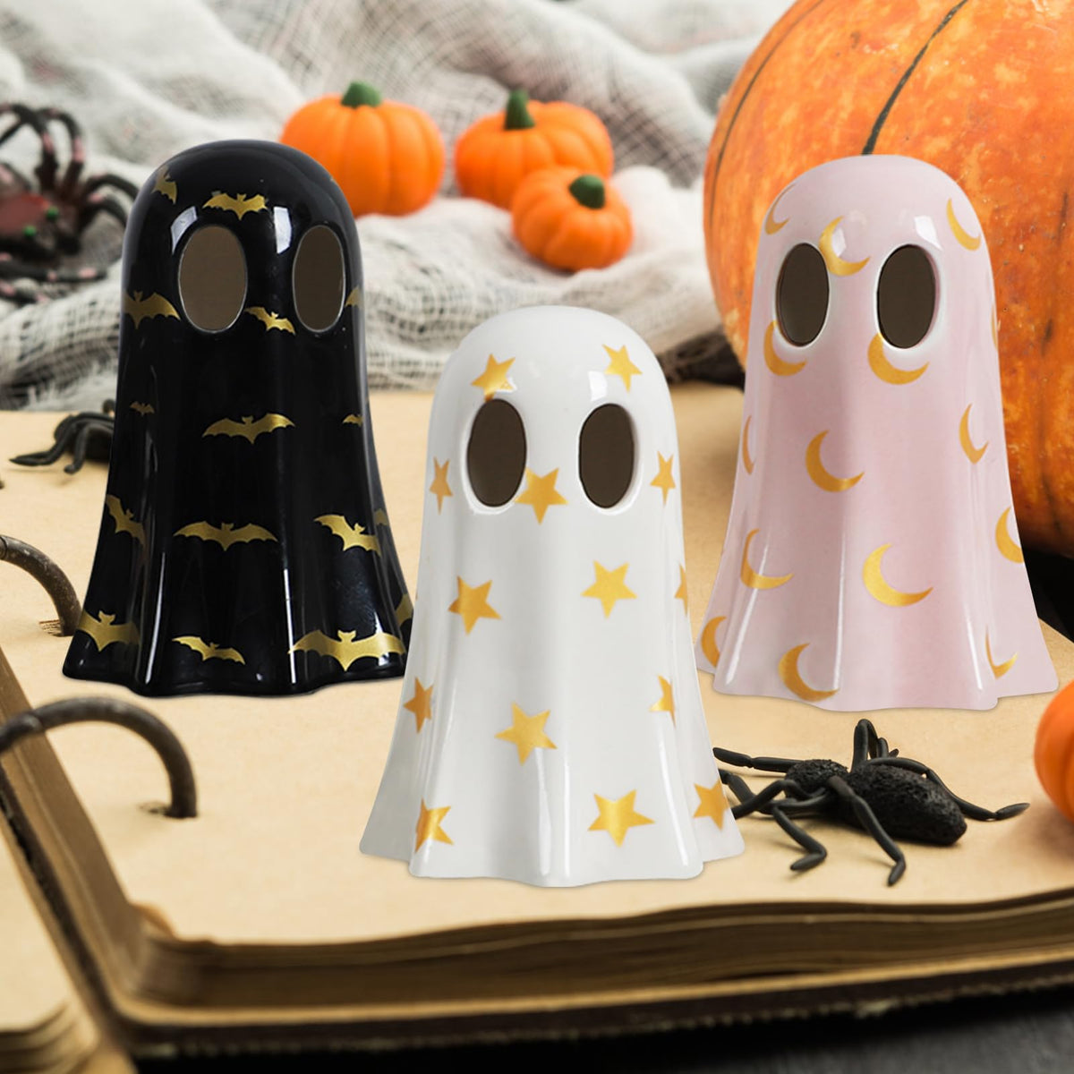DAZONGE Halloween Decor Indoor, Set of 3 Ceramic Ghosts with Witch Hats, Cute Spooky Ghost Figurines for Mantel, Shelf & Tabletop Decor, Halloween Decorations