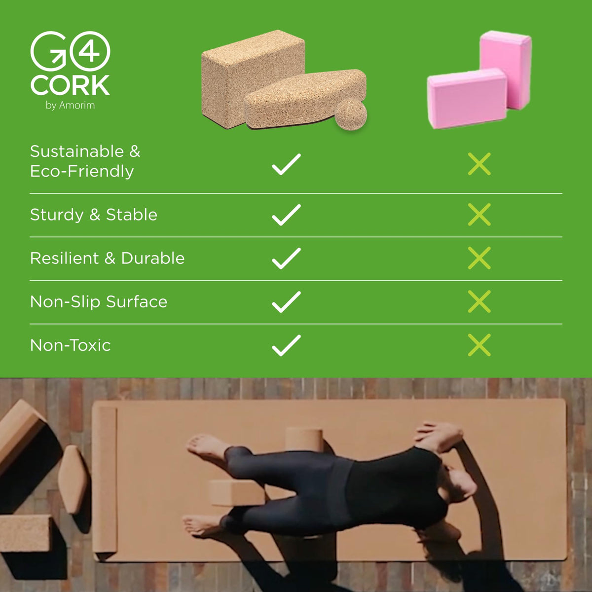 Go4Cork Cork Yoga Block for Yoga, Pilates & Meditation | Non-Slip, Non-Toxic, Hypoallergenic, Sustainable, Lightweight Large Yoga Block, 9" x 6" x 4", (Cork Fusion) | Yogi Workout & Exercise